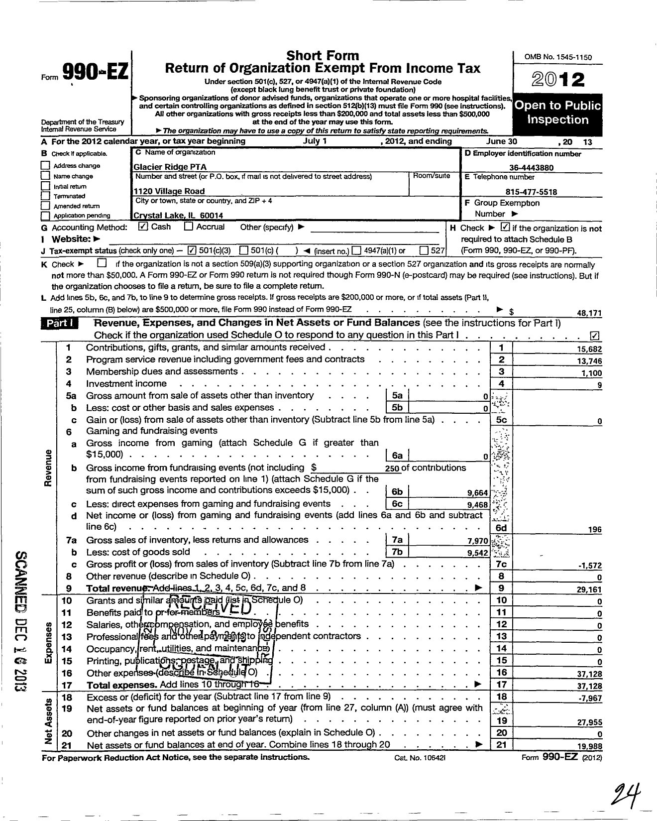 Image of first page of 2012 Form 990EZ for Illinois PTA - Glacier Ridge PTA