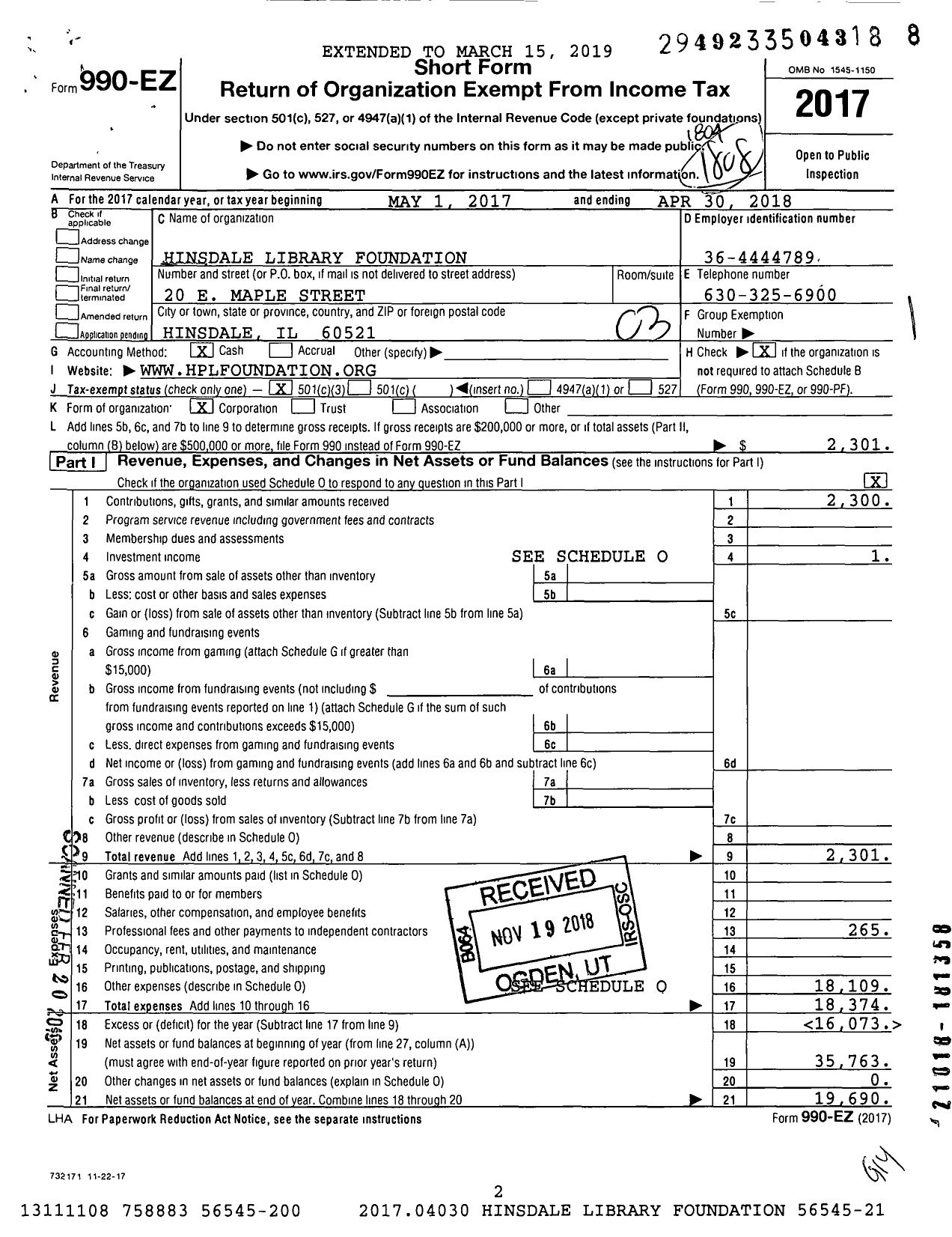Image of first page of 2017 Form 990EZ for Hinsdale Library Foundation