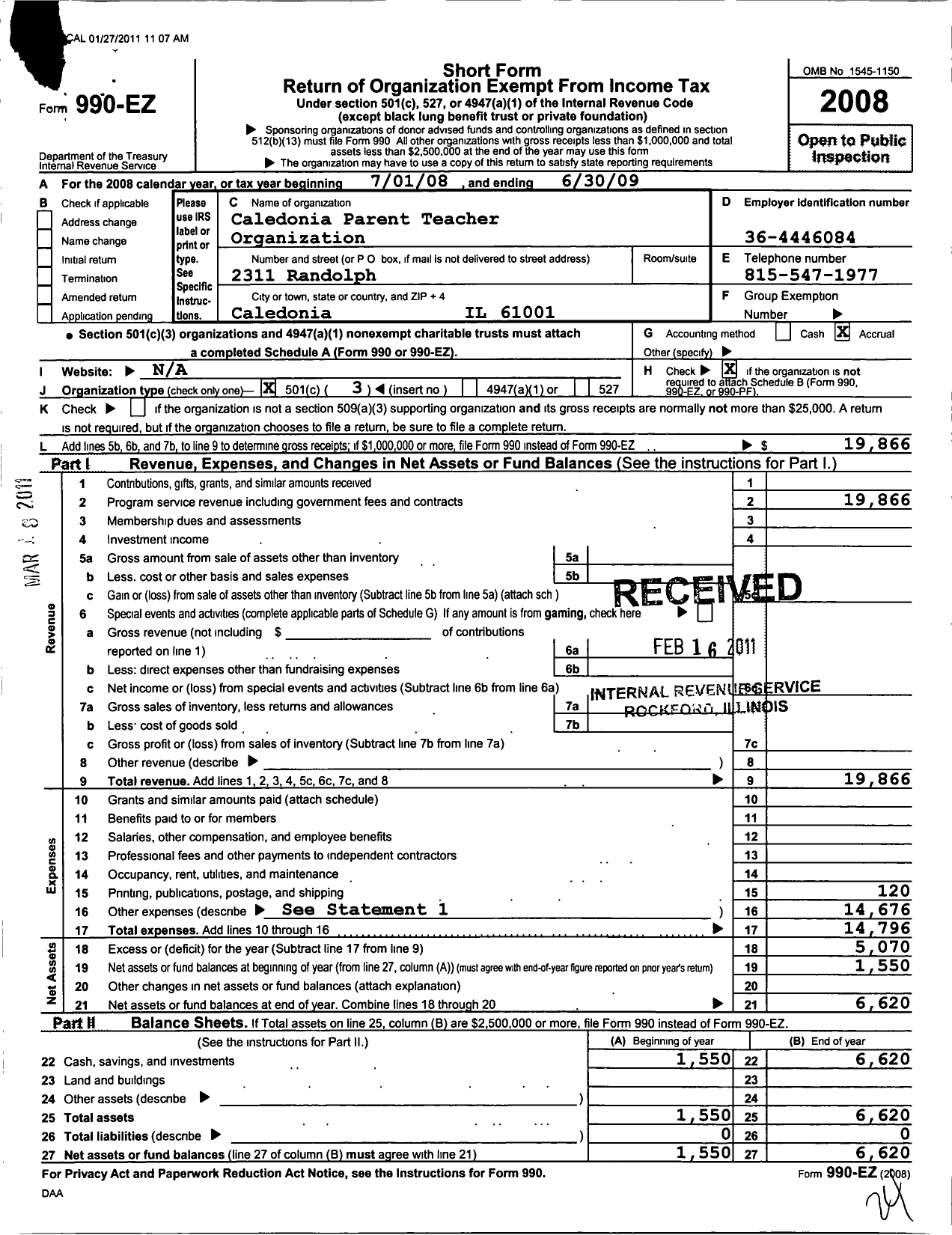 Image of first page of 2008 Form 990EZ for Caledonia Parent Teacher Organization