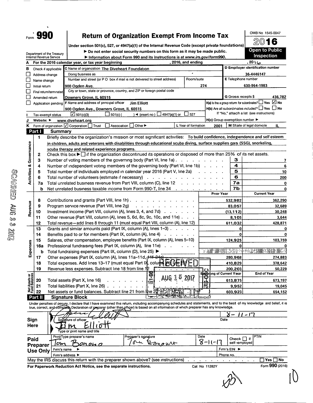 Image of first page of 2016 Form 990 for The Diveheart Foundation