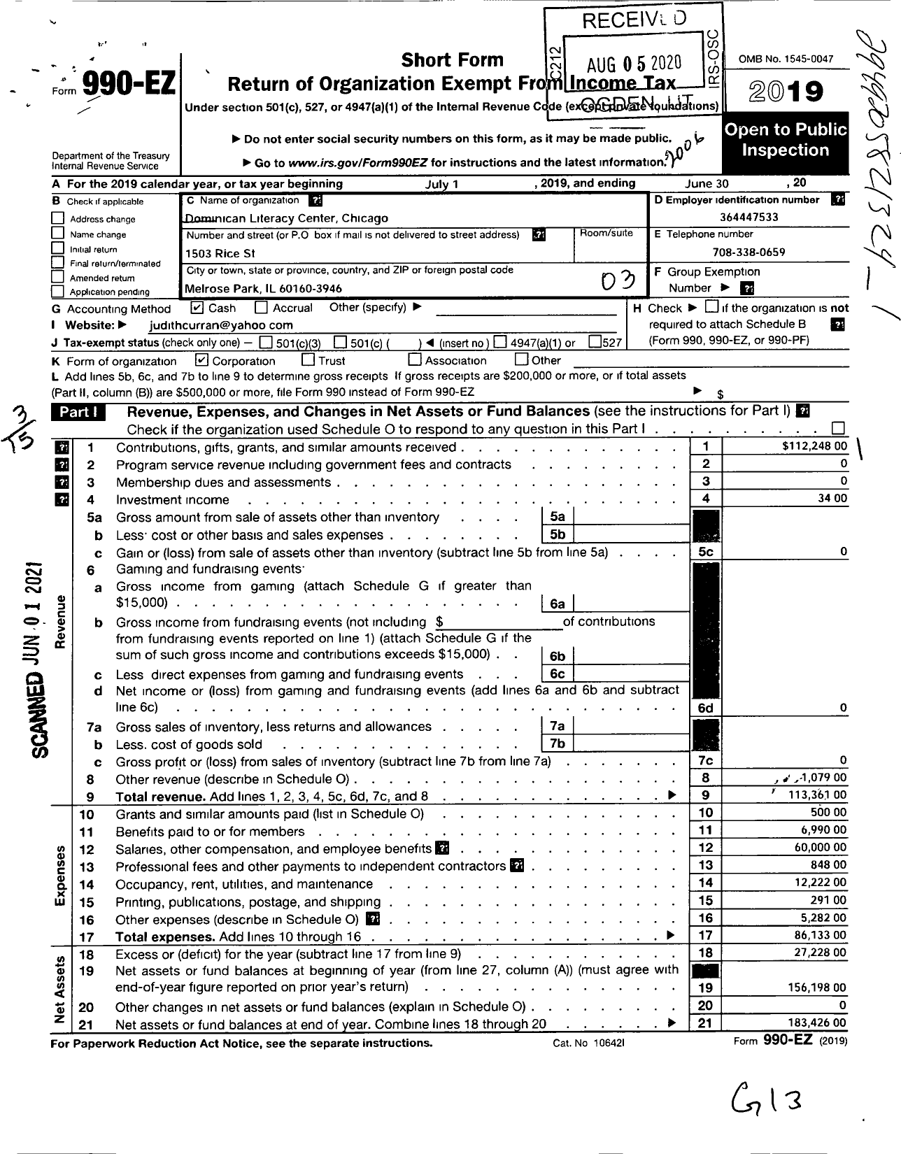 Image of first page of 2019 Form 990EZ for Dominican Literacy Center Chicago