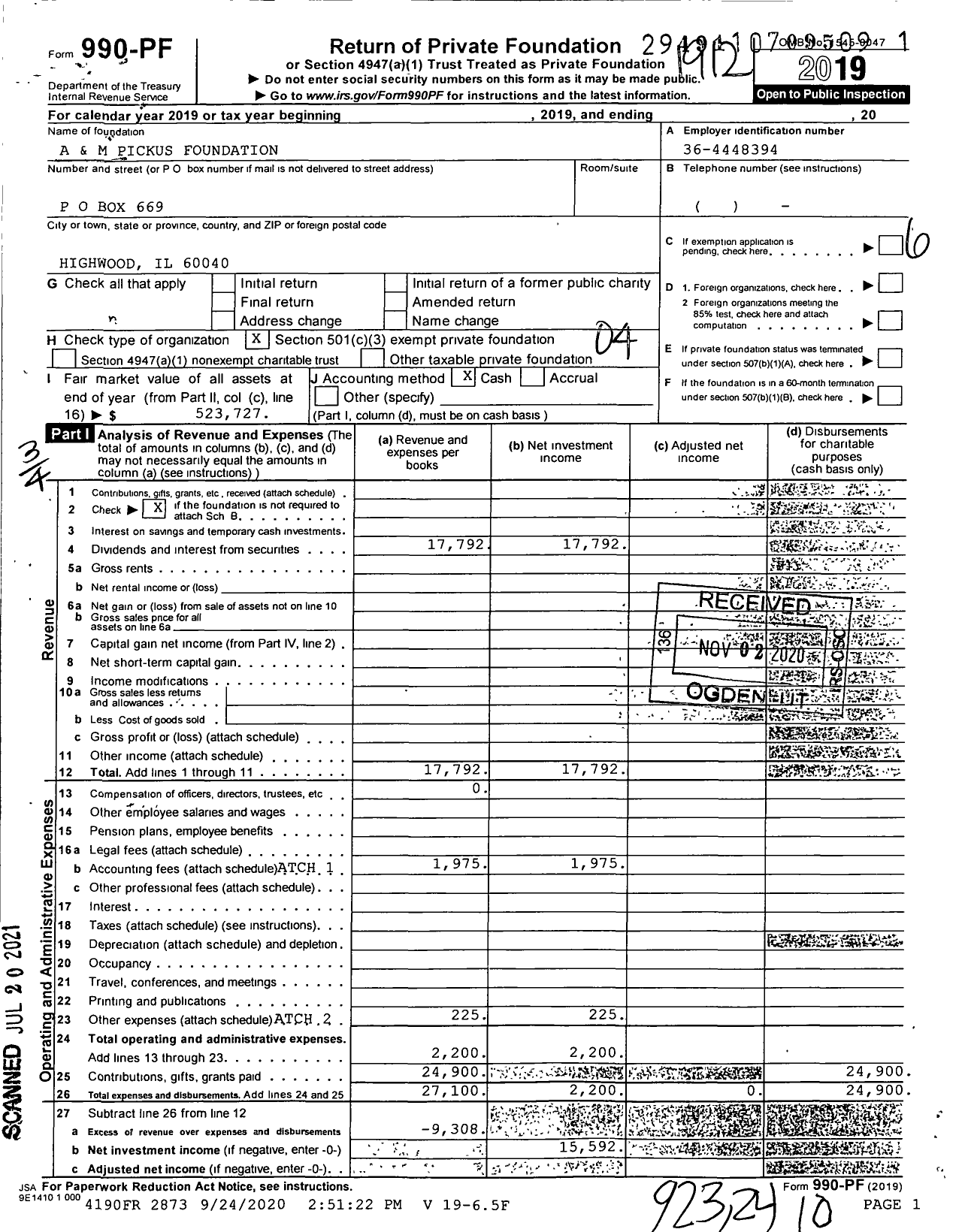 Image of first page of 2019 Form 990PF for Allen and Meline Pickus Foundation