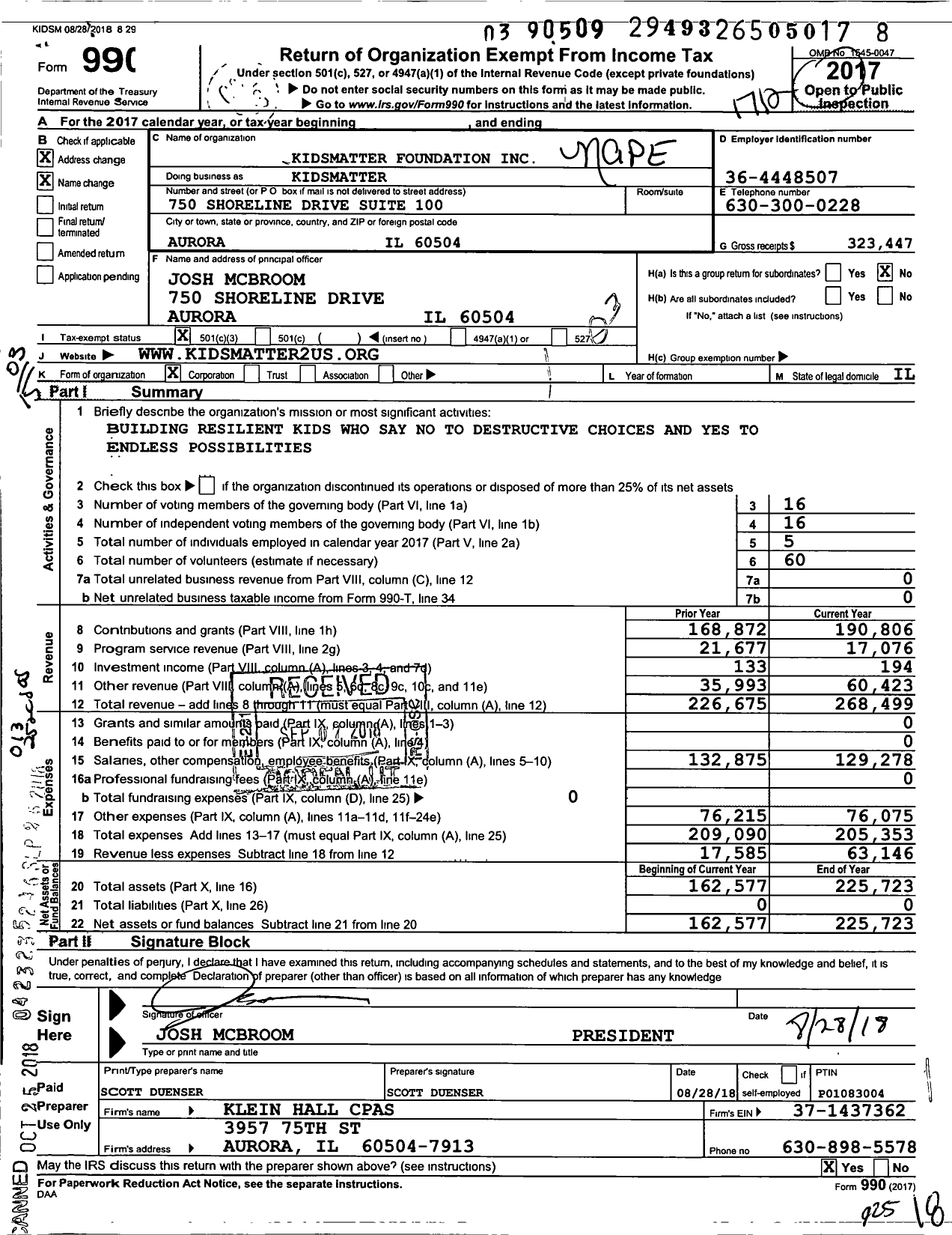 Image of first page of 2017 Form 990 for KidsMatter