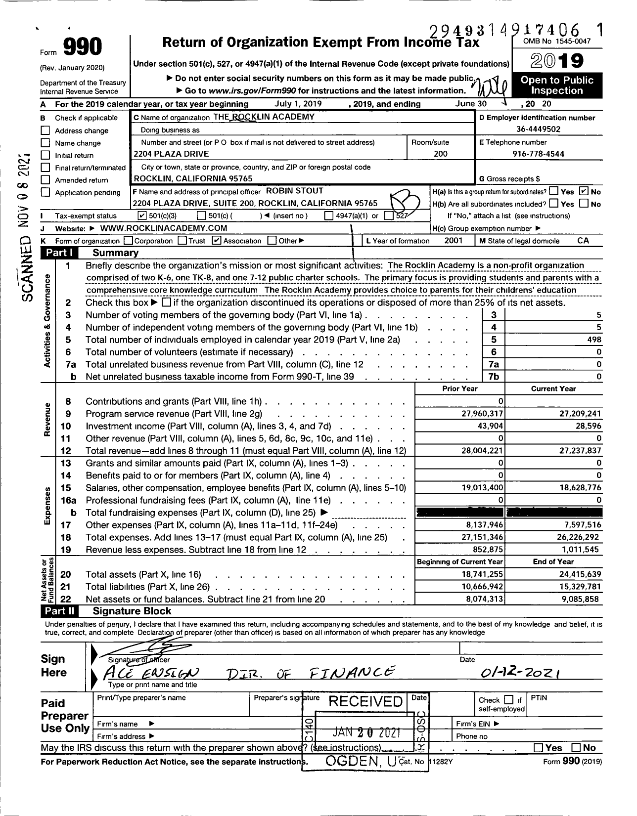 Image of first page of 2019 Form 990 for Rocklin Academy Family of Schools (RAFS)
