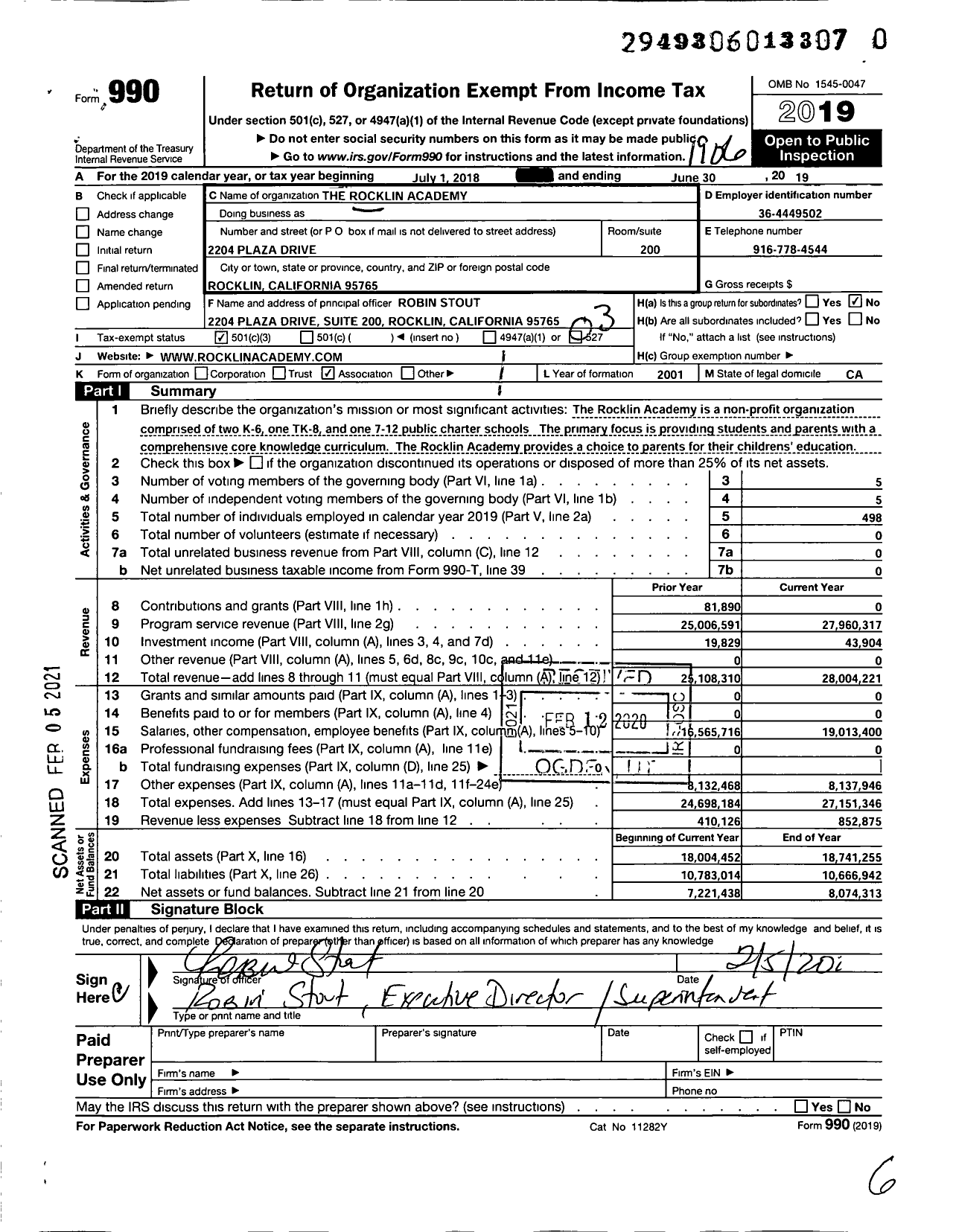 Image of first page of 2018 Form 990 for Rocklin Academy Family of Schools (RAFS)
