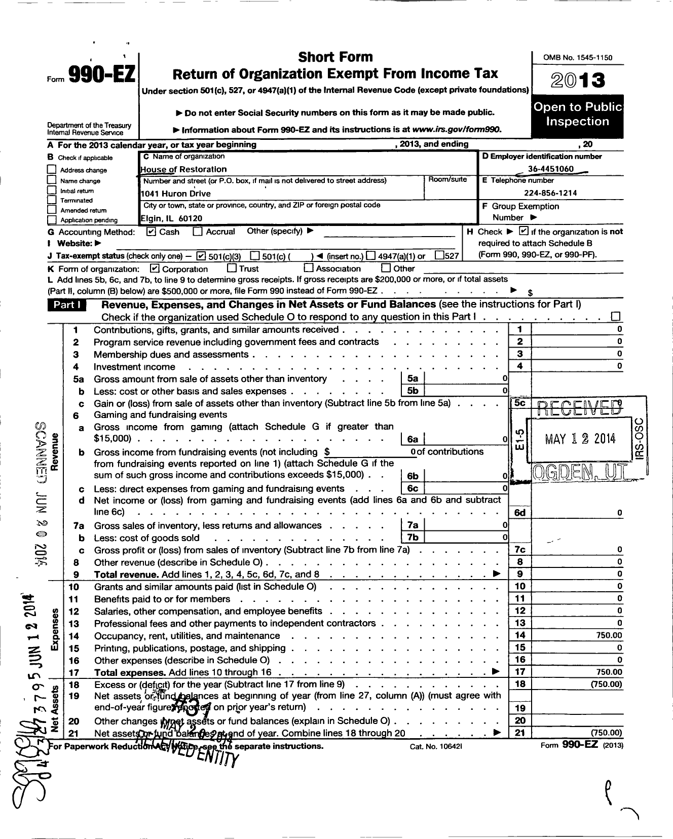 Image of first page of 2013 Form 990EZ for Restoration Healing Church