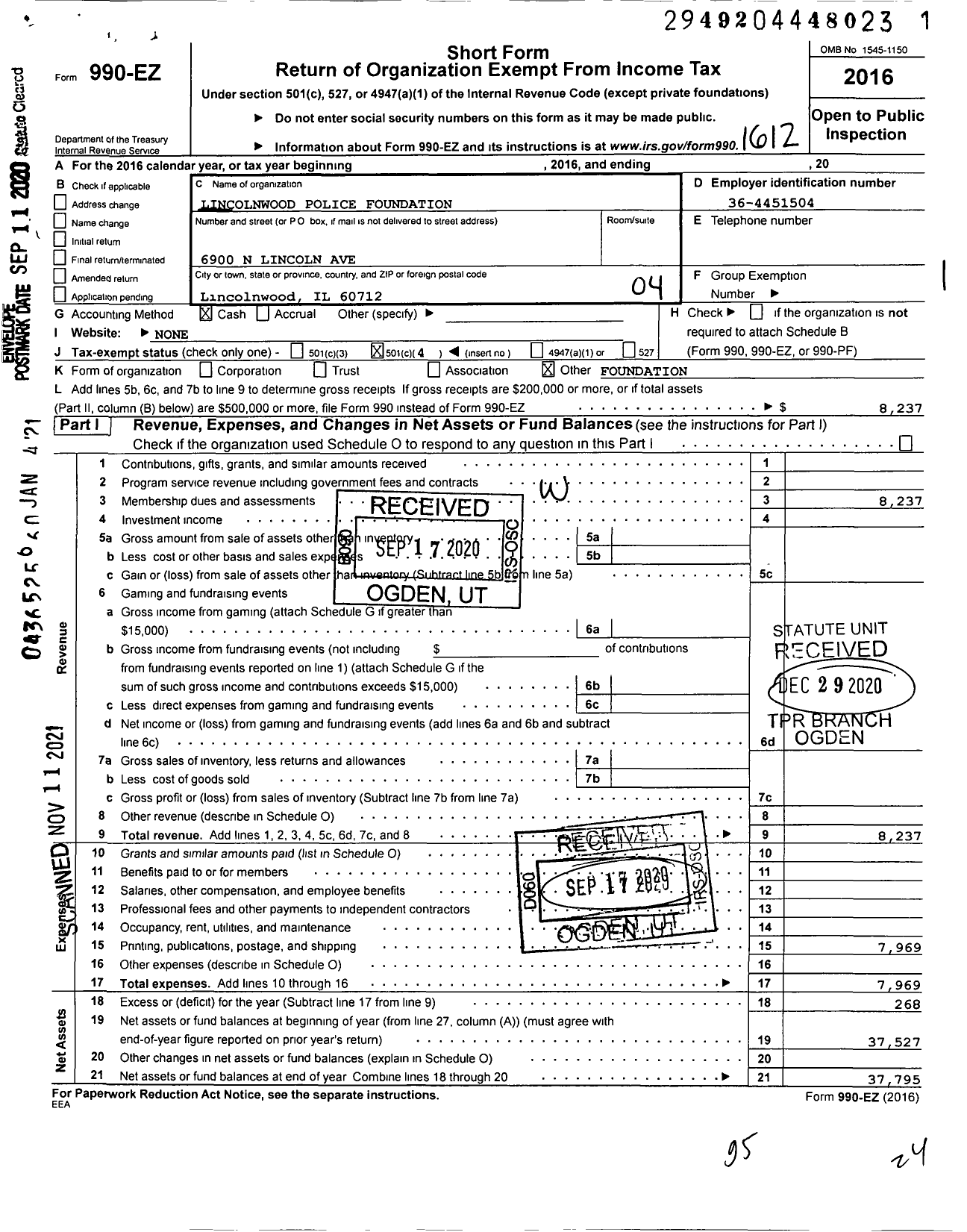 Image of first page of 2016 Form 990EO for Lincolnwood Police Foundation