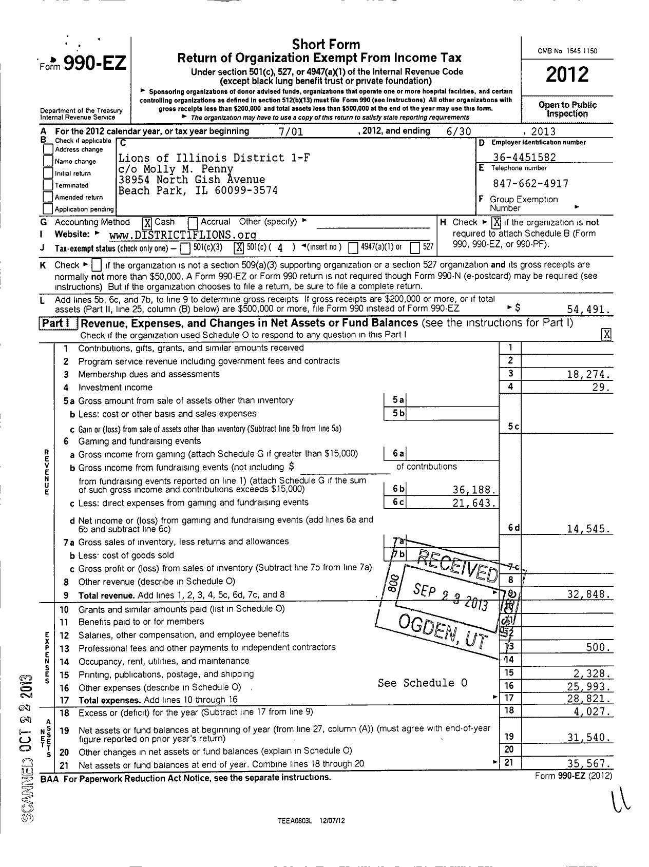 Image of first page of 2012 Form 990EO for Lions Clubs - 65539 1 F District