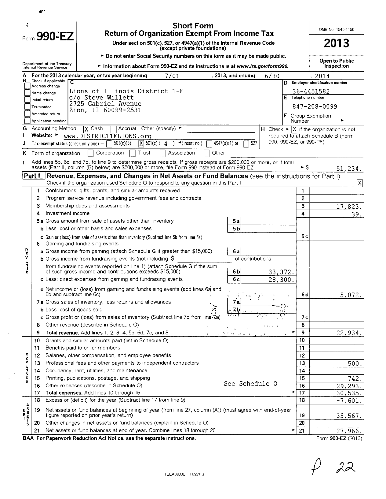 Image of first page of 2013 Form 990EO for Lions Clubs - 65539 1 F District