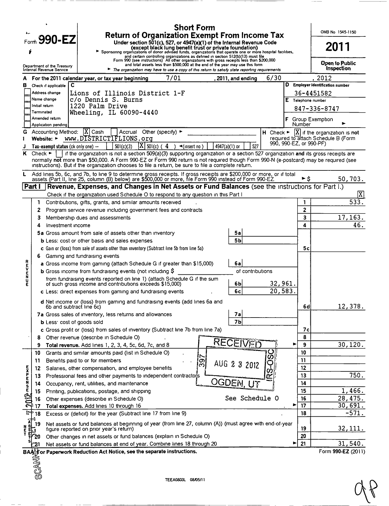 Image of first page of 2011 Form 990EO for Lions Clubs - 65539 1 F District