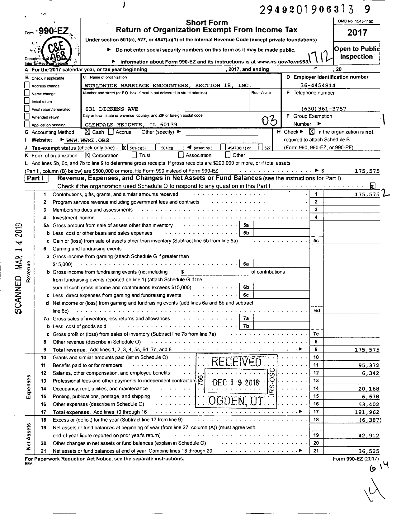 Image of first page of 2017 Form 990EZ for Worldwide Marriage Encounters Section 18