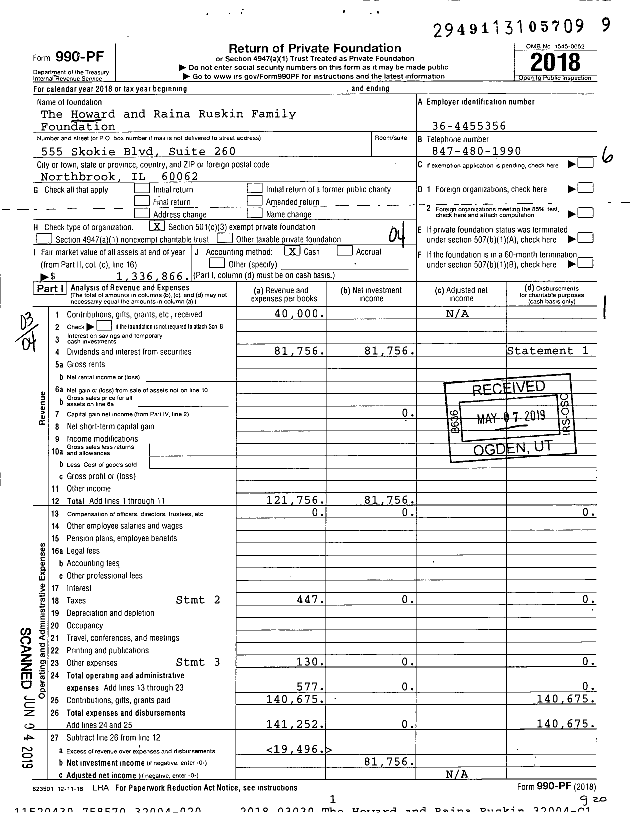 Image of first page of 2018 Form 990PF for Howard and Raina Ruskin Family Foundation