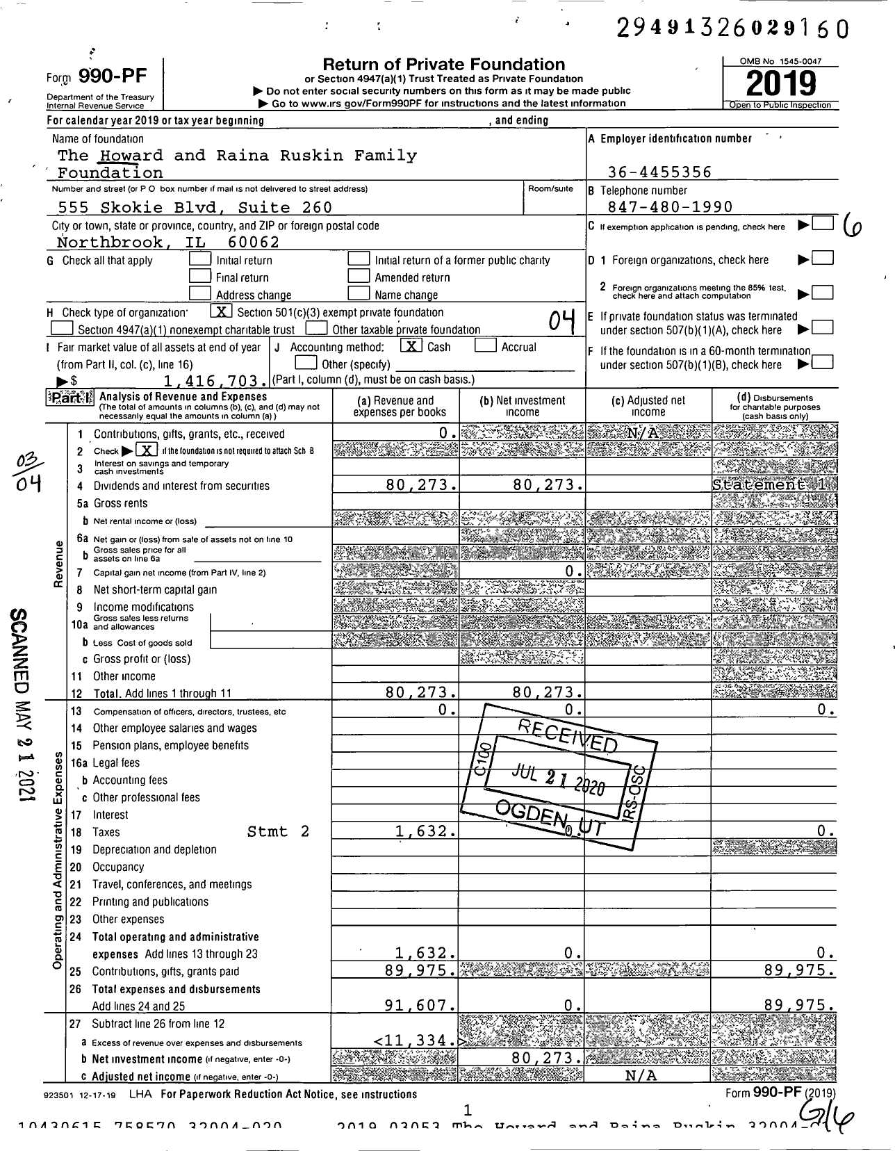 Image of first page of 2019 Form 990PF for Howard and Raina Ruskin Family Foundation