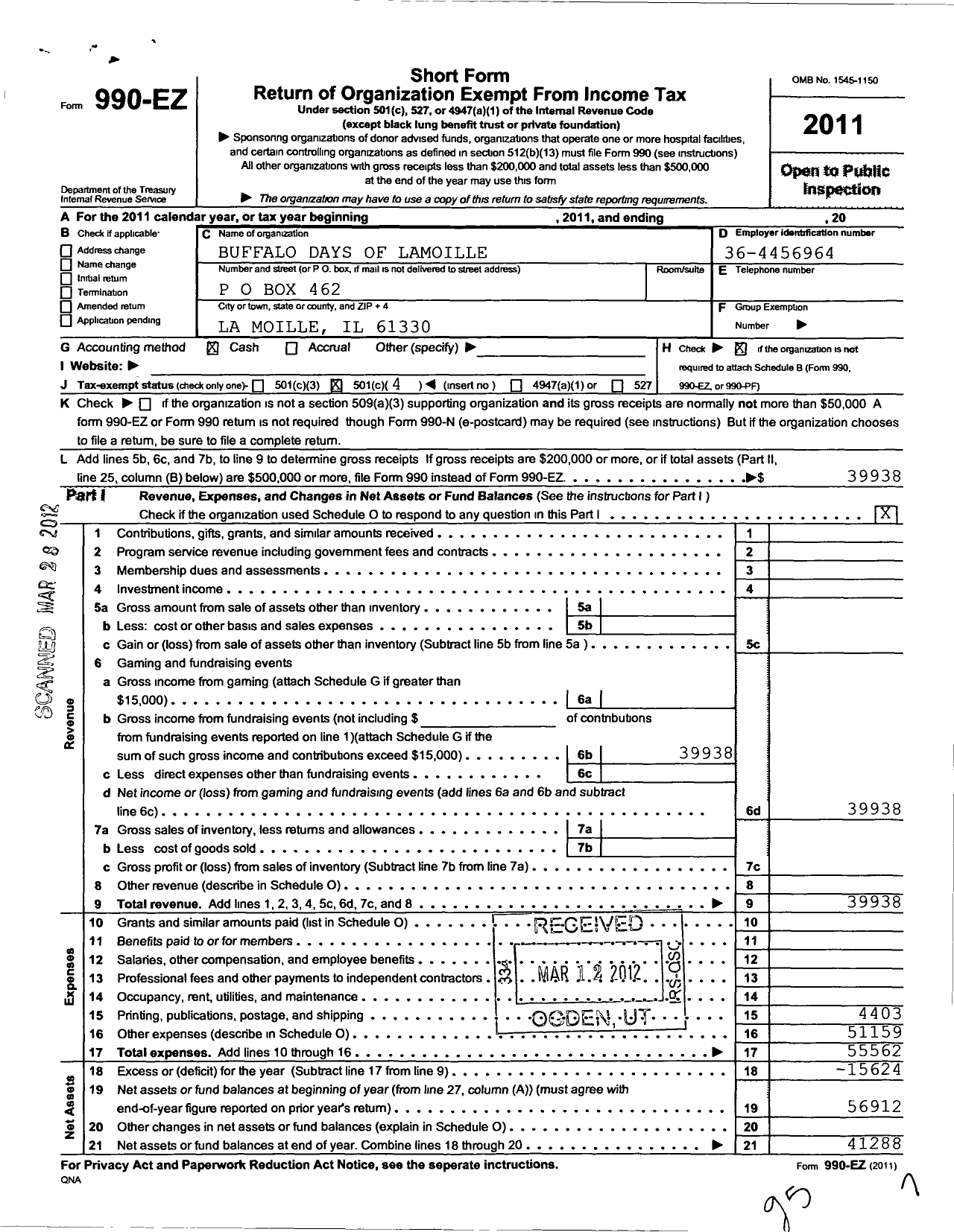 Image of first page of 2011 Form 990EO for Buffalo Days of La Lamoille