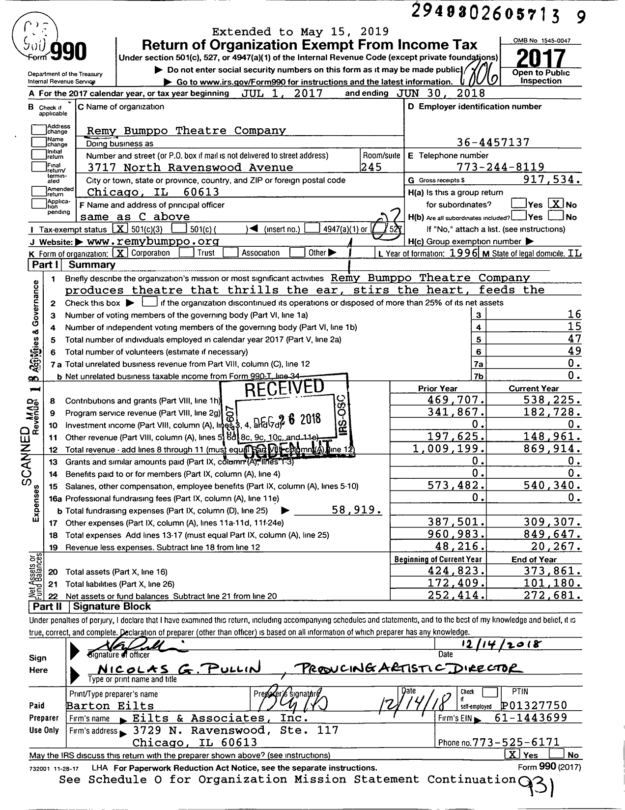 Image of first page of 2017 Form 990 for Remy Bumppo Theatre Company