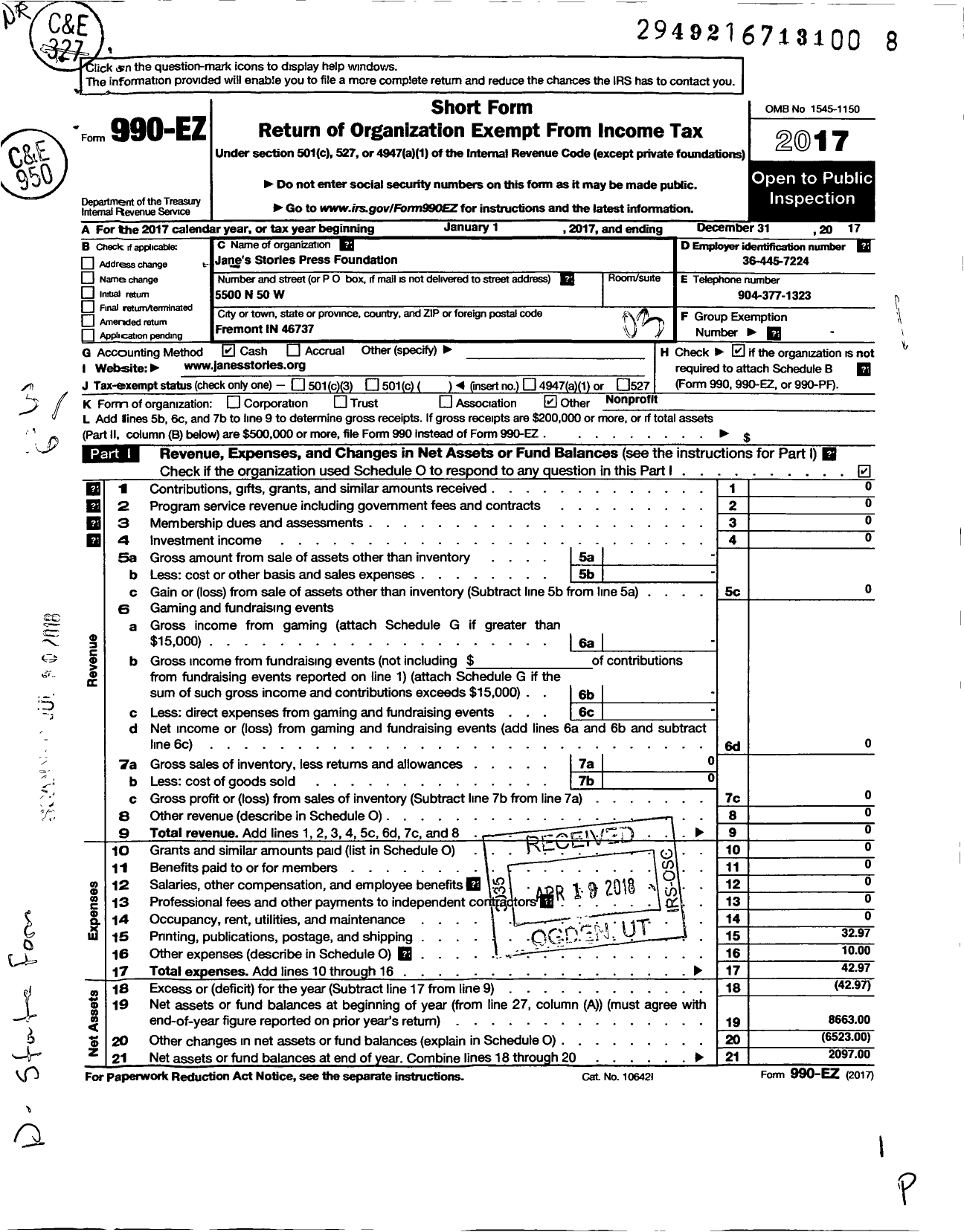 Image of first page of 2017 Form 990EZ for Janes Stories Press Foundation