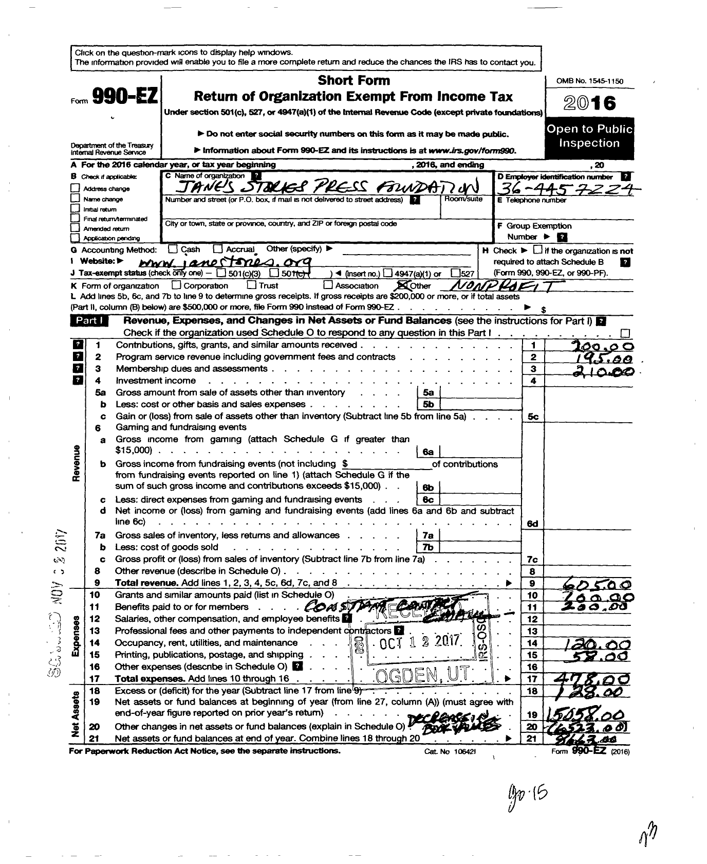 Image of first page of 2016 Form 990EO for Janes Stories Press Foundation