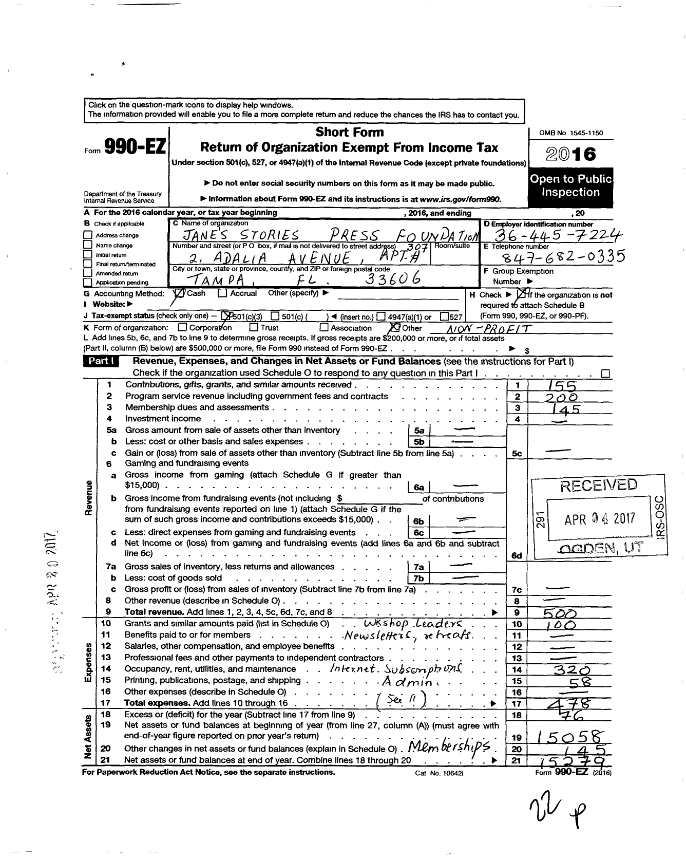 Image of first page of 2016 Form 990EZ for Janes Stories Press Foundation