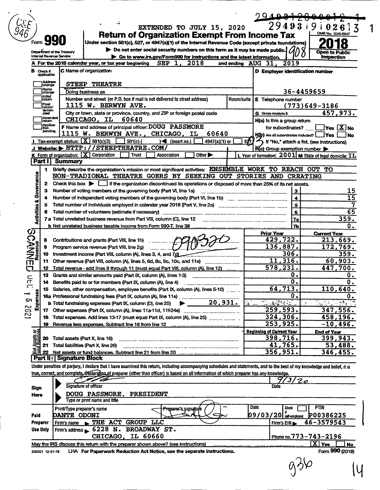 Image of first page of 2018 Form 990 for Steep Theatre