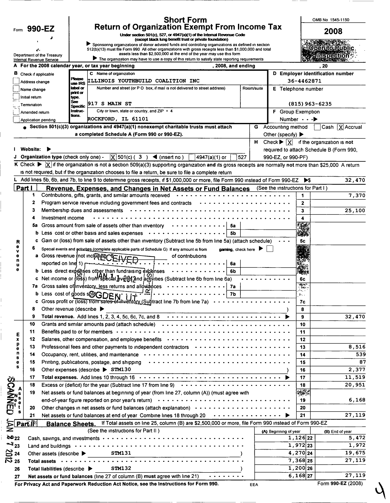 Image of first page of 2008 Form 990EZ for Illinois YouthBuild Coalition