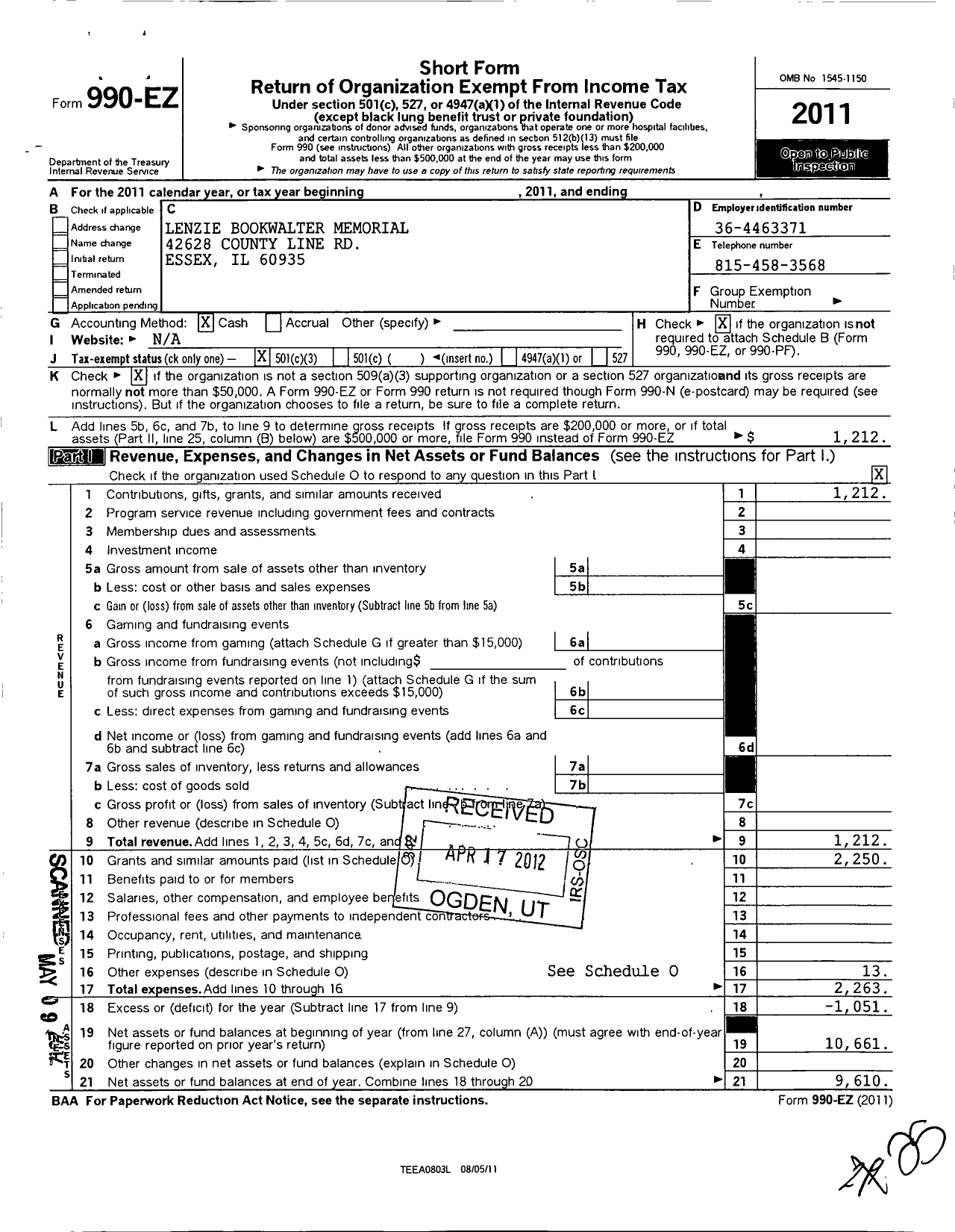 Image of first page of 2011 Form 990EZ for Lenzie Bookwalter Memorial