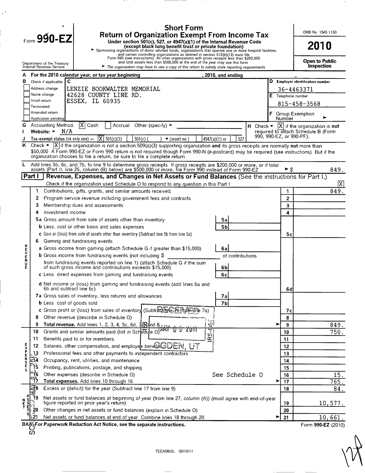 Image of first page of 2010 Form 990EZ for Lenzie Bookwalter Memorial