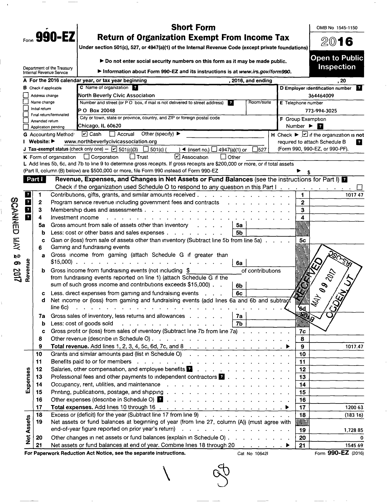 Image of first page of 2016 Form 990EZ for North Beverly Civic Association