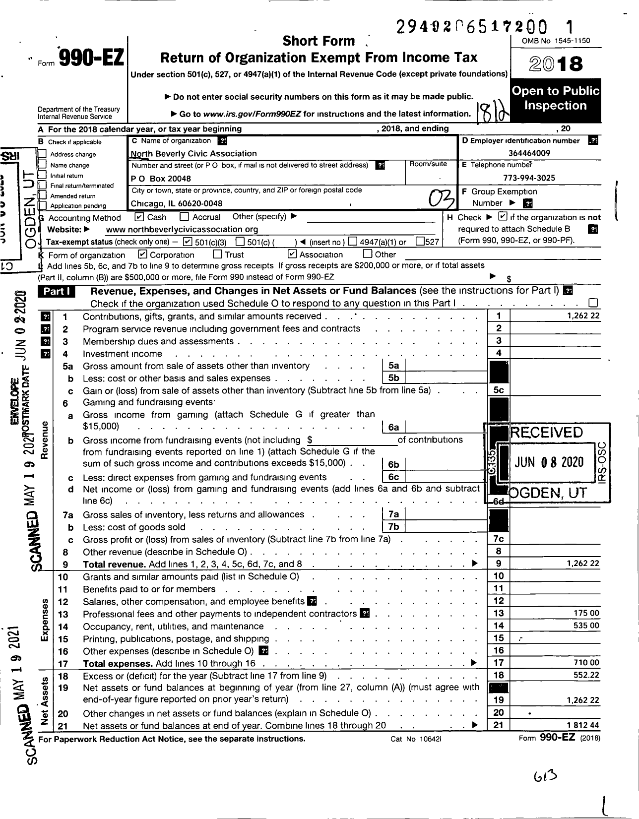 Image of first page of 2018 Form 990EZ for North Beverly Civic Association