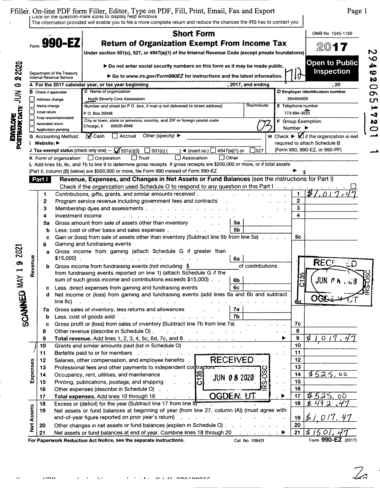 Image of first page of 2017 Form 990EZ for North Beverly Civic Association