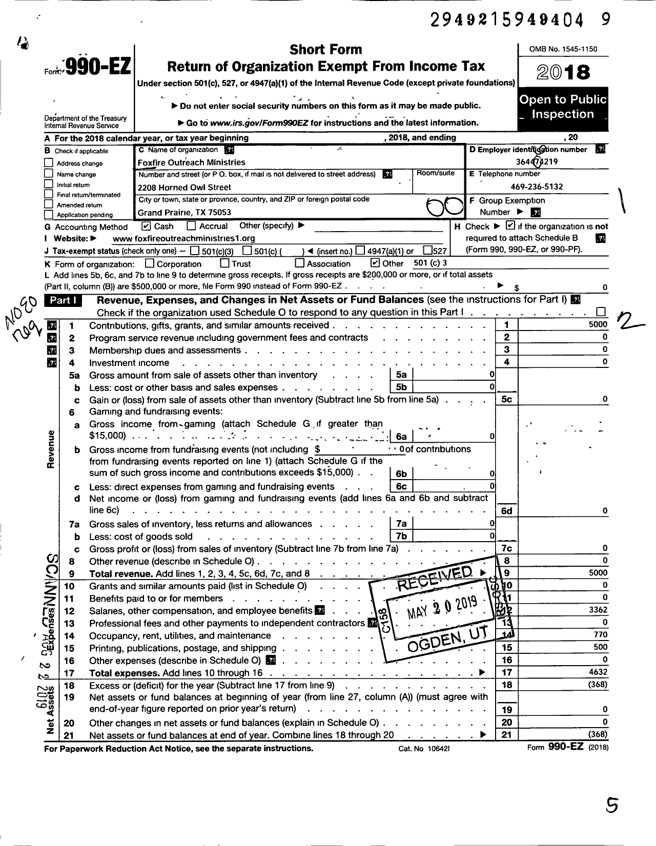 Image of first page of 2018 Form 990EO for Foxfire Outreach Ministries