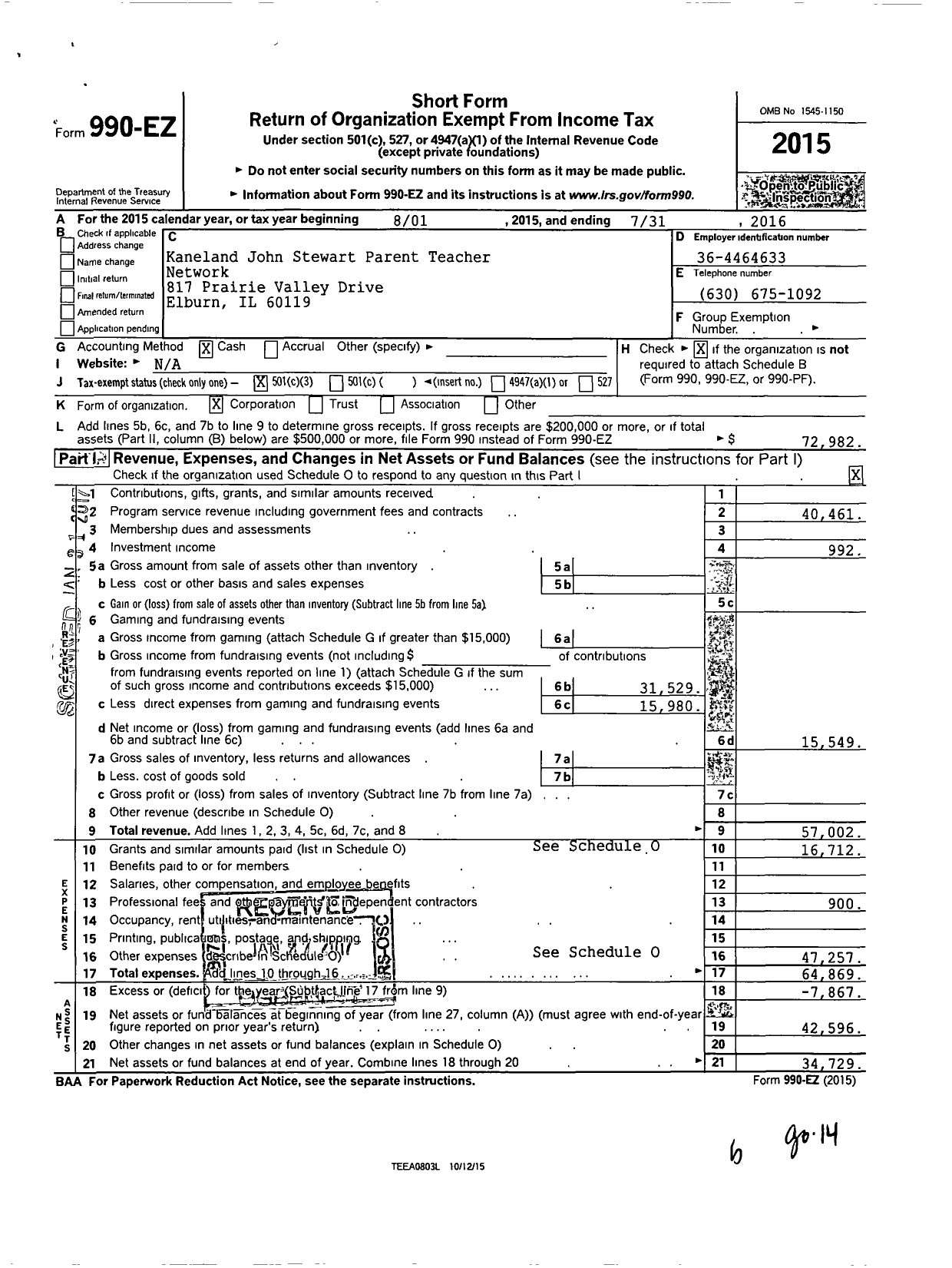 Image of first page of 2015 Form 990EZ for Kaneland John Stewart Parent Teacher Network