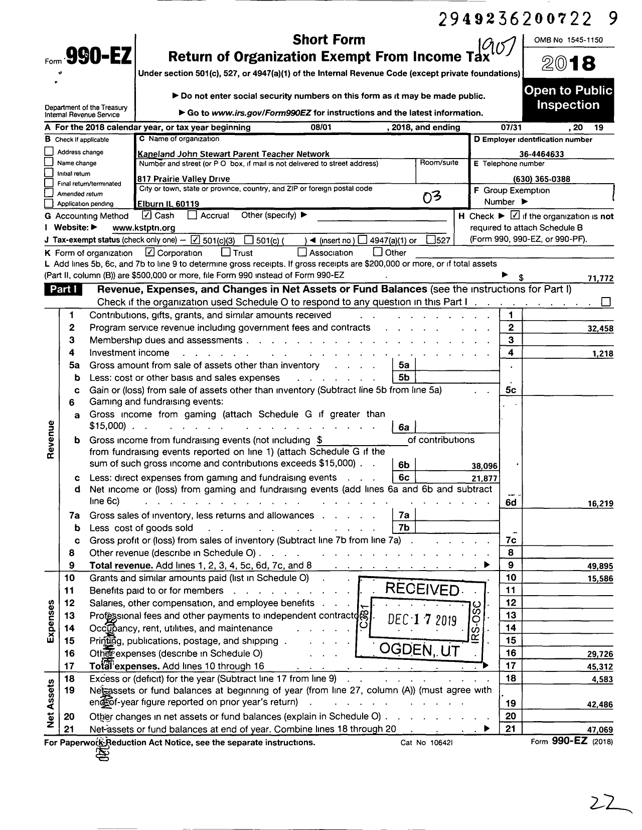 Image of first page of 2018 Form 990EZ for Kaneland John Stewart Parent Teacher Network