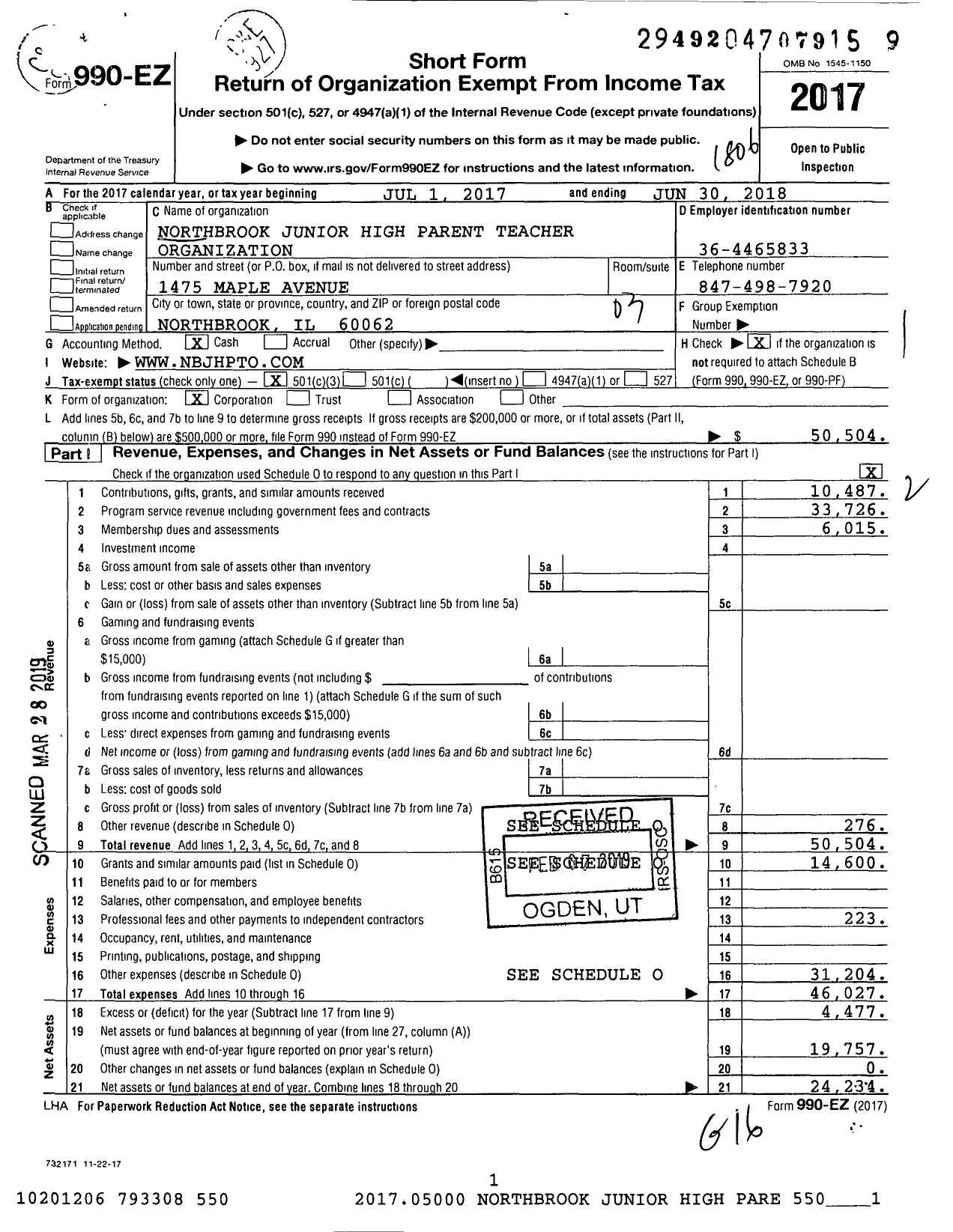 Image of first page of 2017 Form 990EZ for Northbrook Junior High Parent Teacher Organization