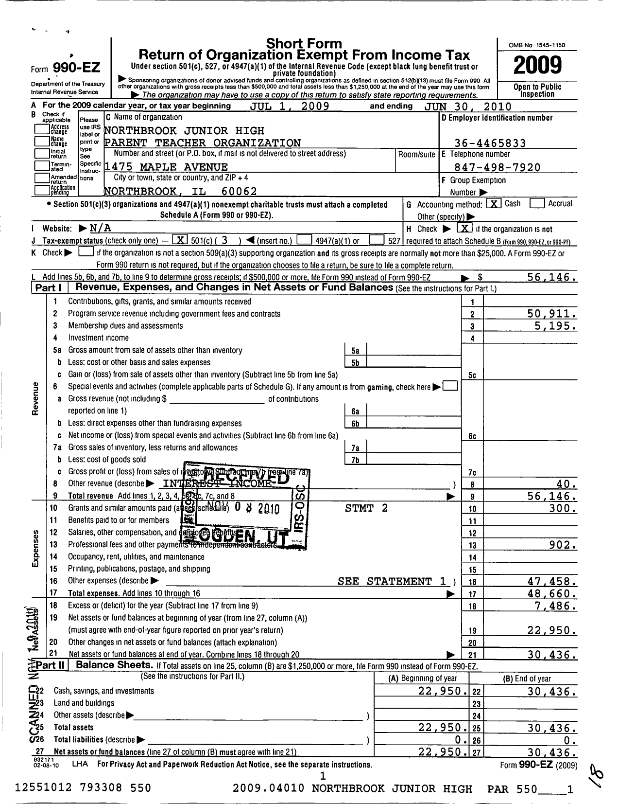 Image of first page of 2009 Form 990EZ for Northbrook Junior High Parent Teacher Organization