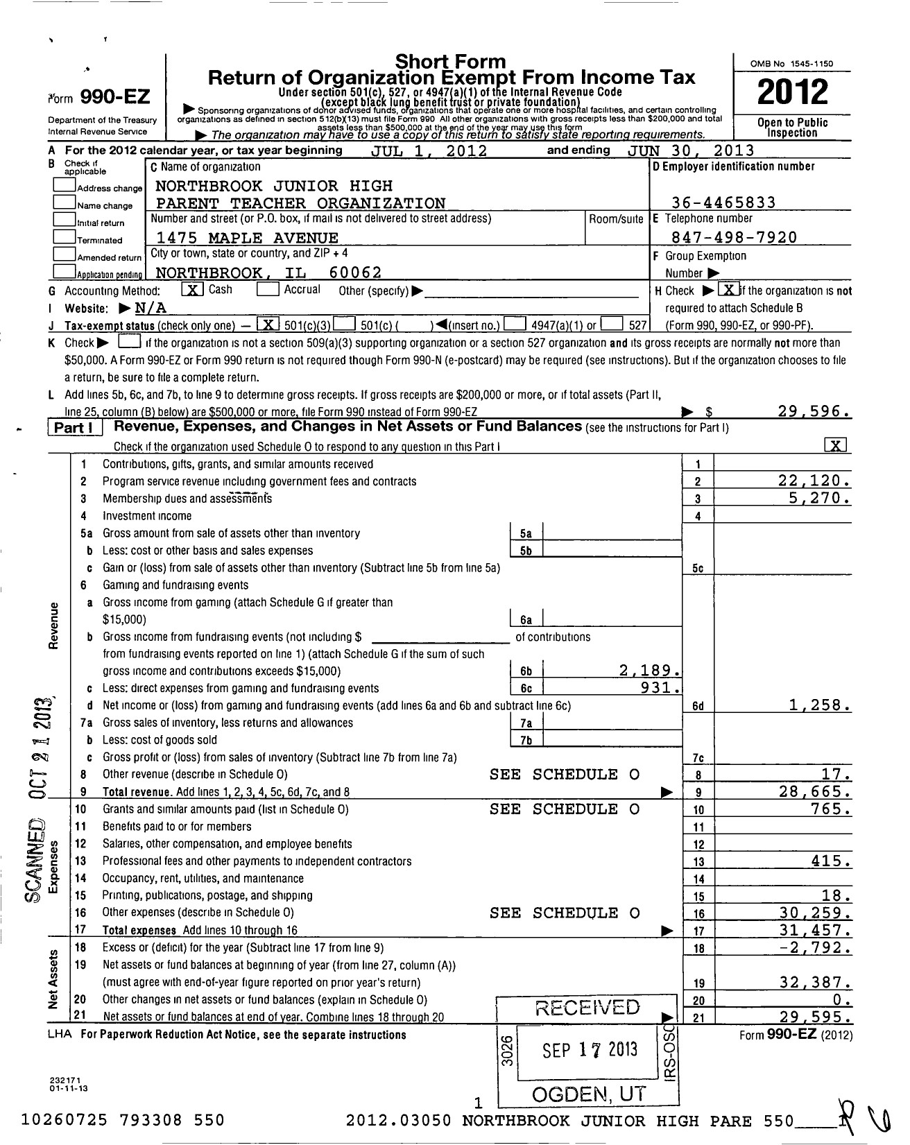 Image of first page of 2012 Form 990EZ for Northbrook Junior High Parent Teacher Organization