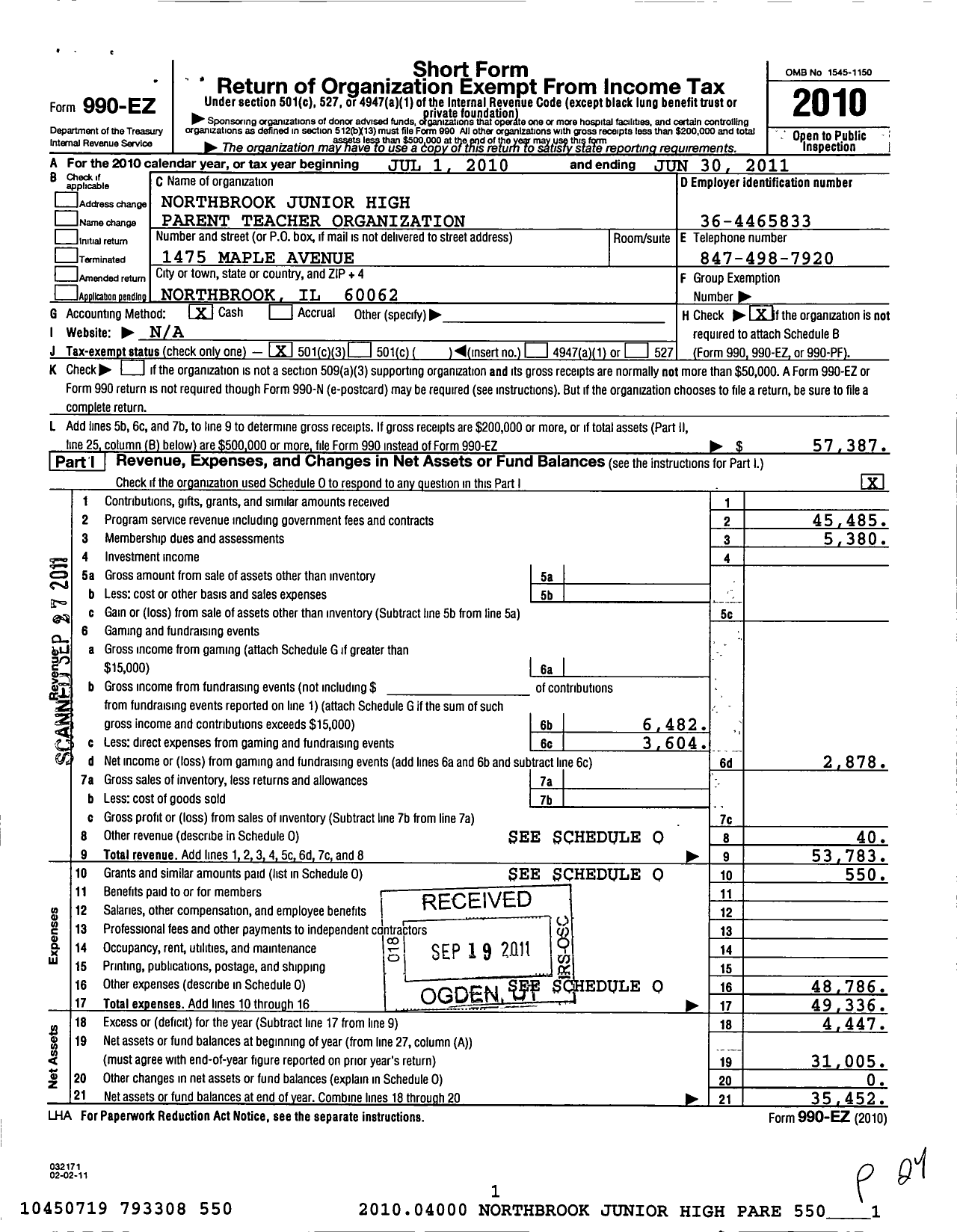 Image of first page of 2010 Form 990EZ for Northbrook Junior High Parent Teacher Organization