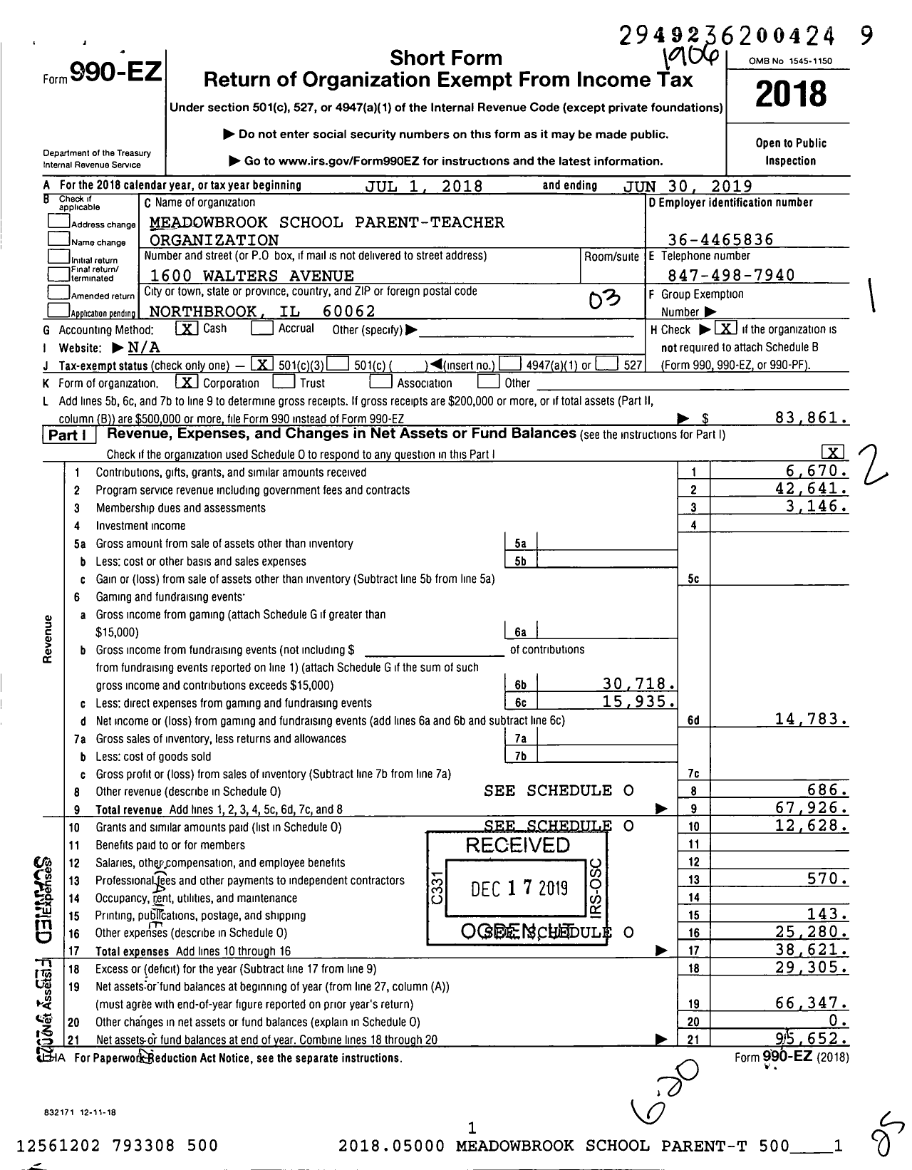 Image of first page of 2018 Form 990EZ for Meadowbrook School Parent-Teacher Organization / Meadowbrook Pto