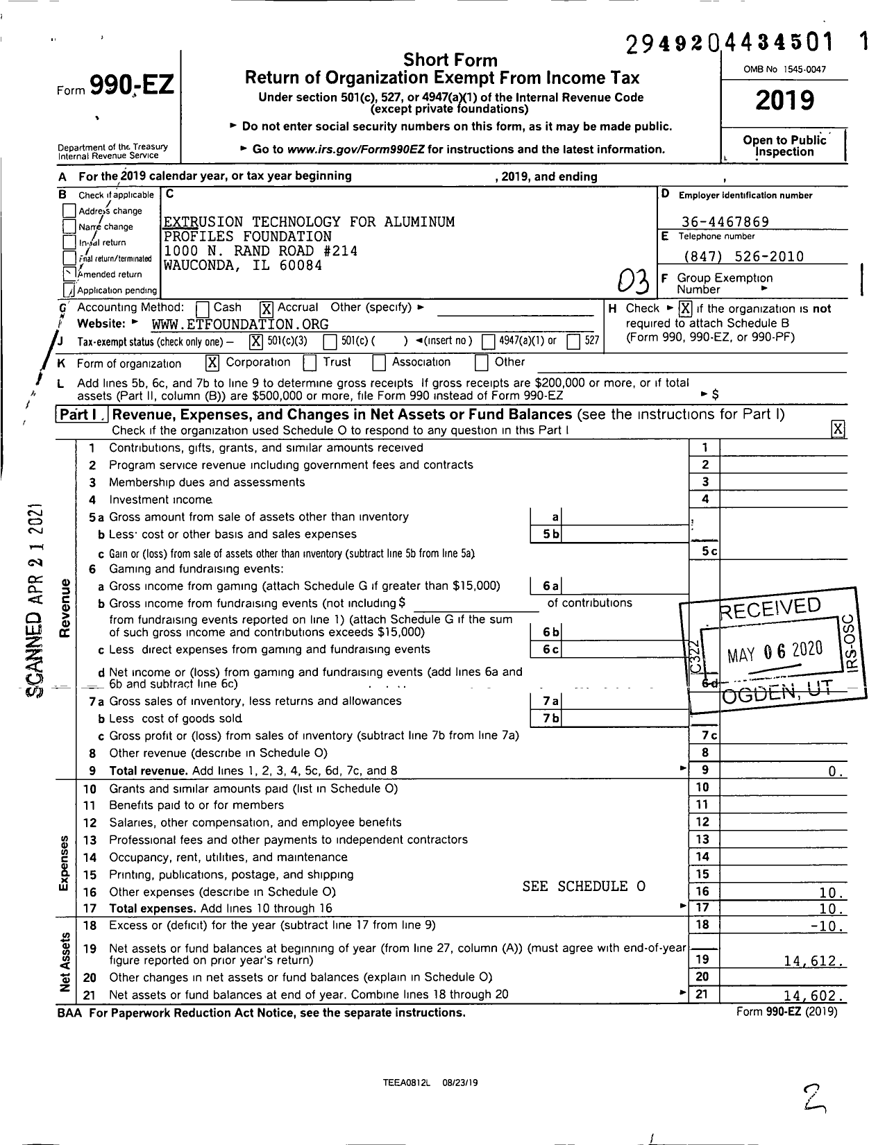 Image of first page of 2019 Form 990EZ for Extrusion Technology for Aluminum Profiles Foundation