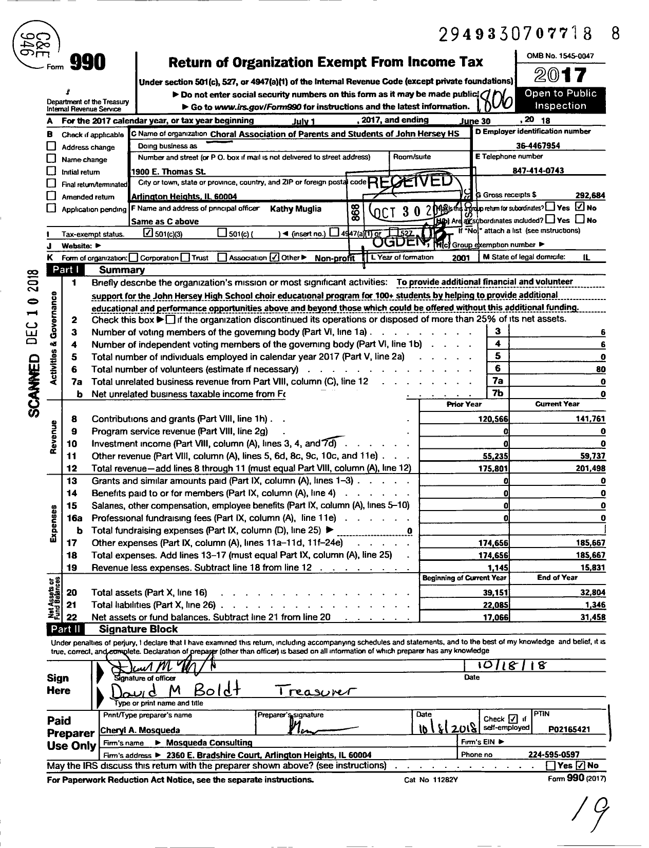 Image of first page of 2017 Form 990 for Choral Assoc of Parents & Students of John Hersey High School