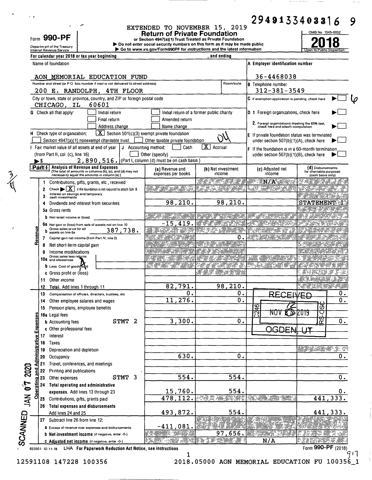Image of first page of 2018 Form 990PF for Aon Memorial Education Fund