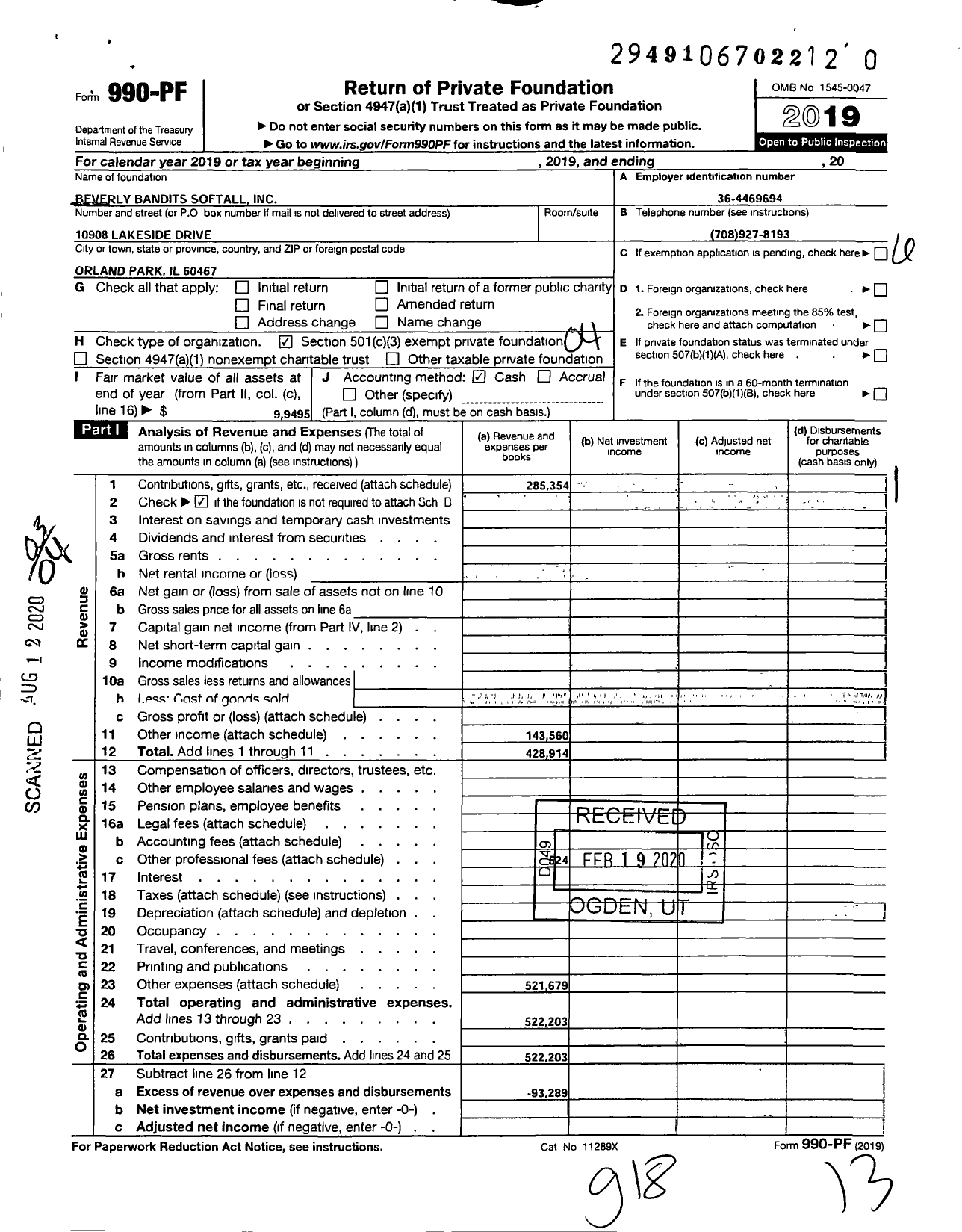 Image of first page of 2019 Form 990PR for Beverly Bandits Softball