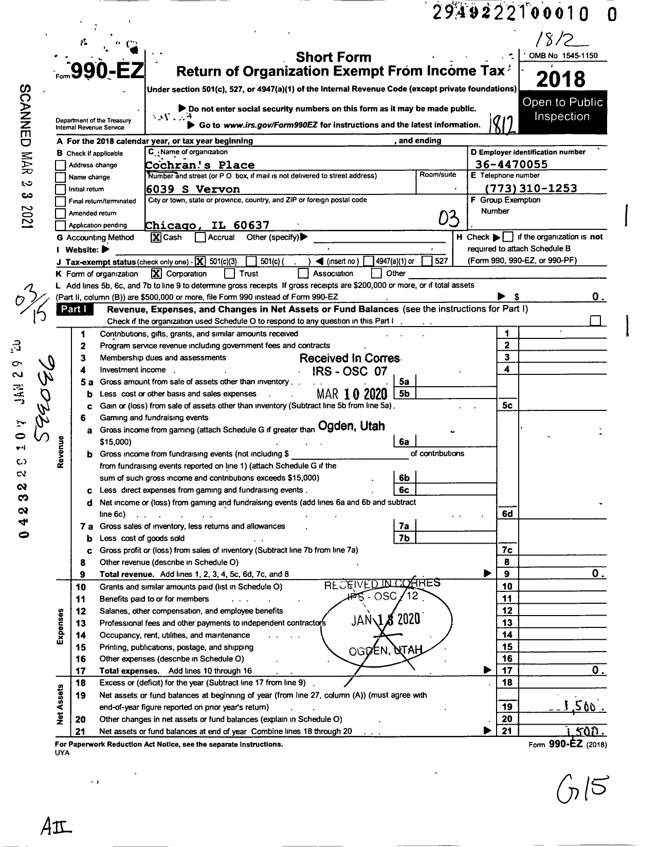 Image of first page of 2018 Form 990EZ for Cochran's Place