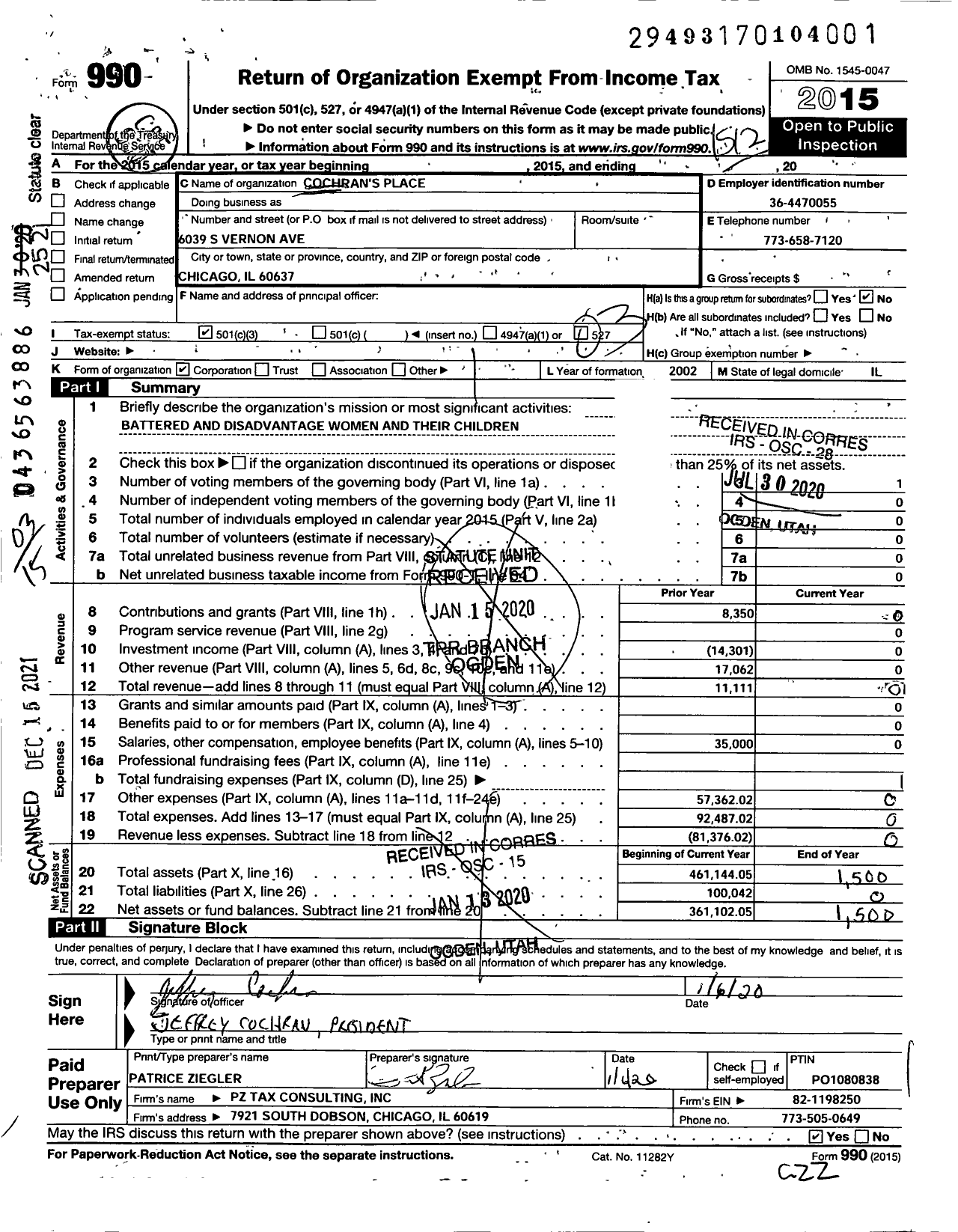 Image of first page of 2015 Form 990 for Cochran's Place