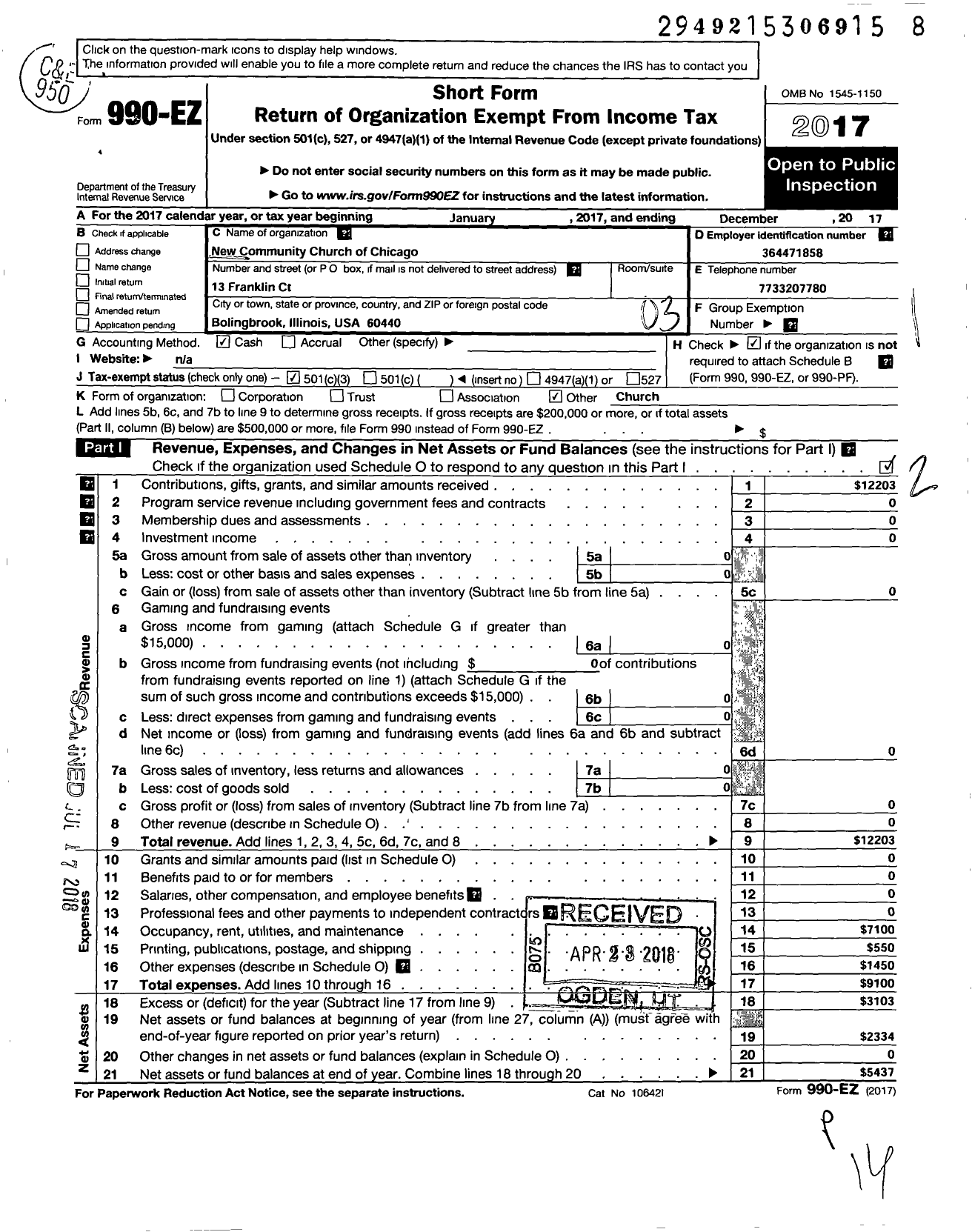 Image of first page of 2017 Form 990EZ for New Community Church of Chicago