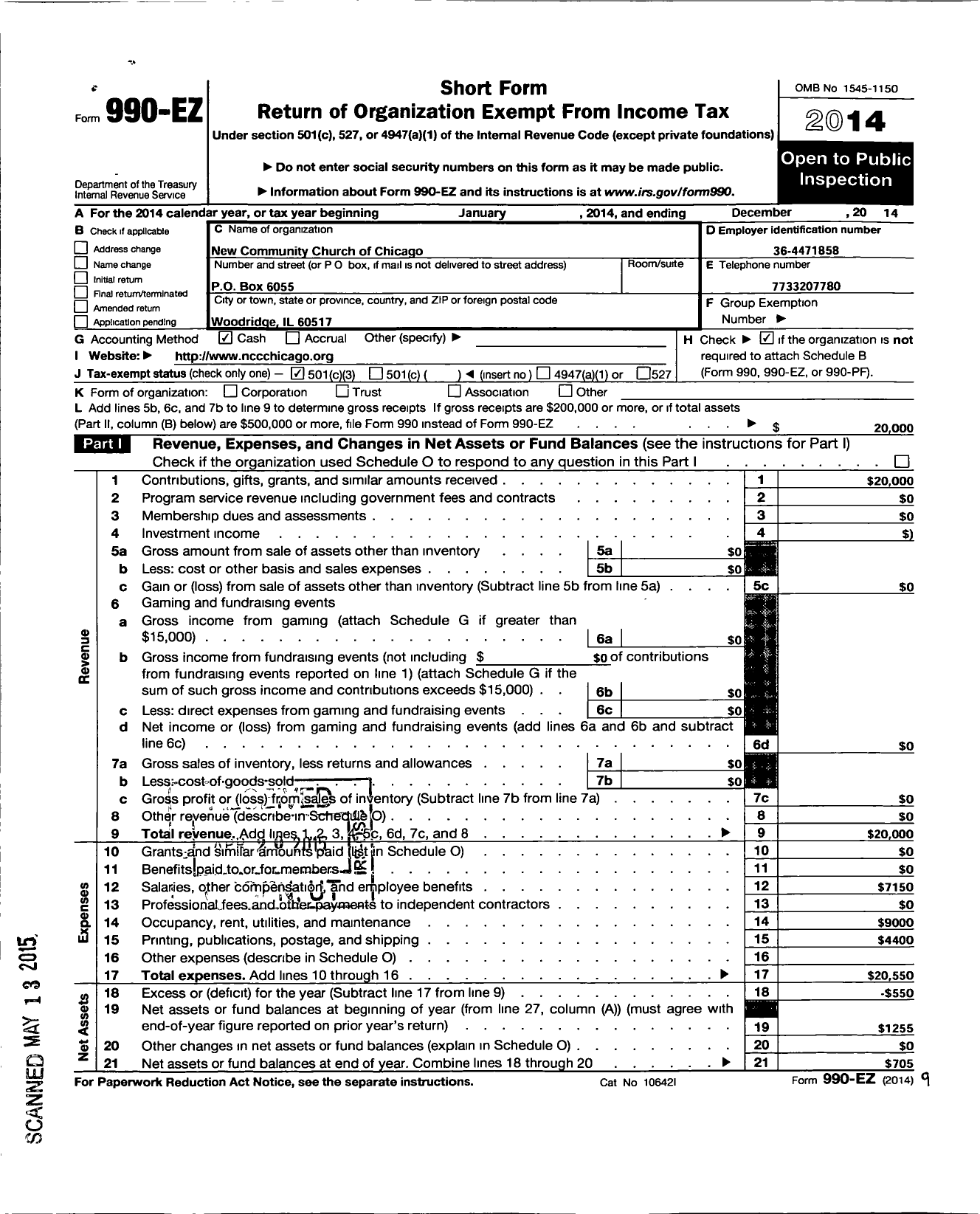 Image of first page of 2014 Form 990EZ for New Community Church of Chicago