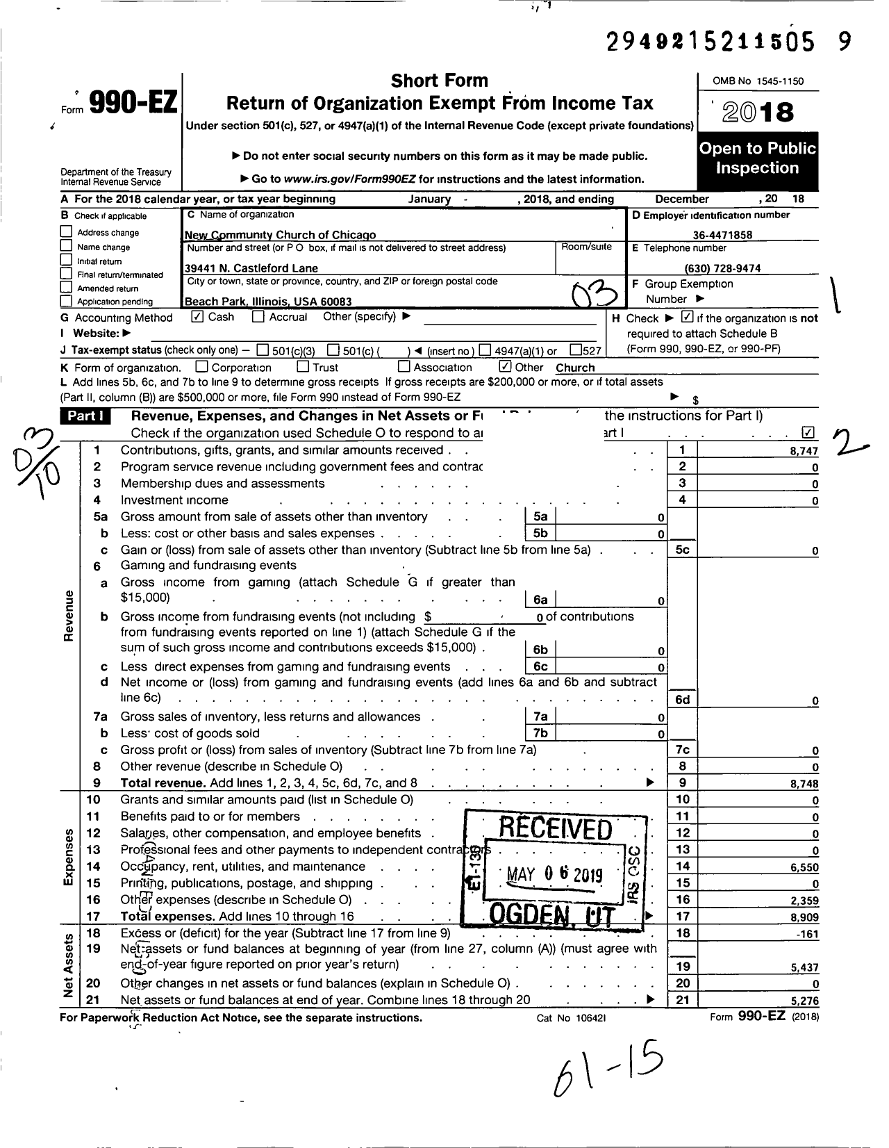 Image of first page of 2018 Form 990EZ for New Community Church of Chicago