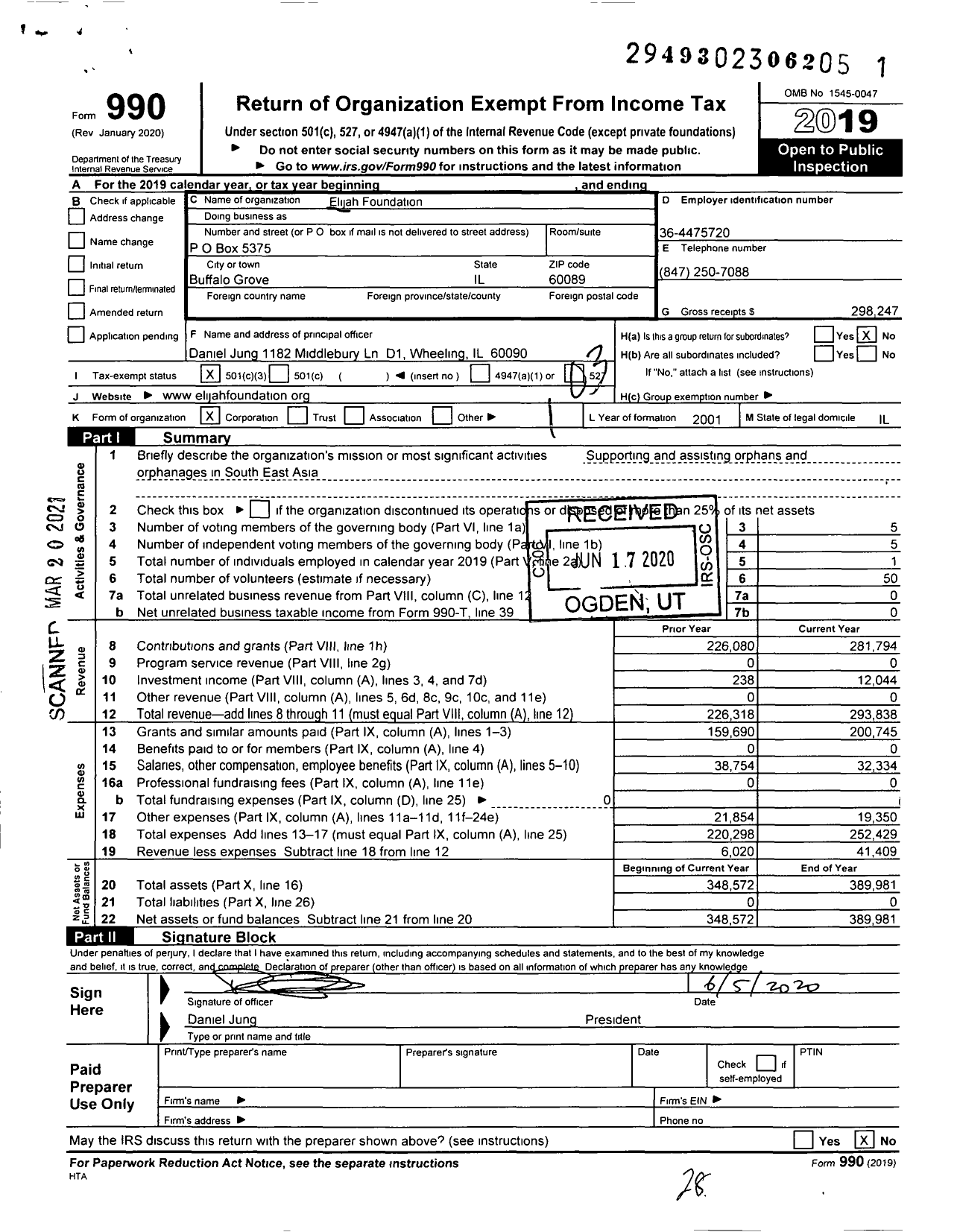 Image of first page of 2019 Form 990 for Elijah Foundation