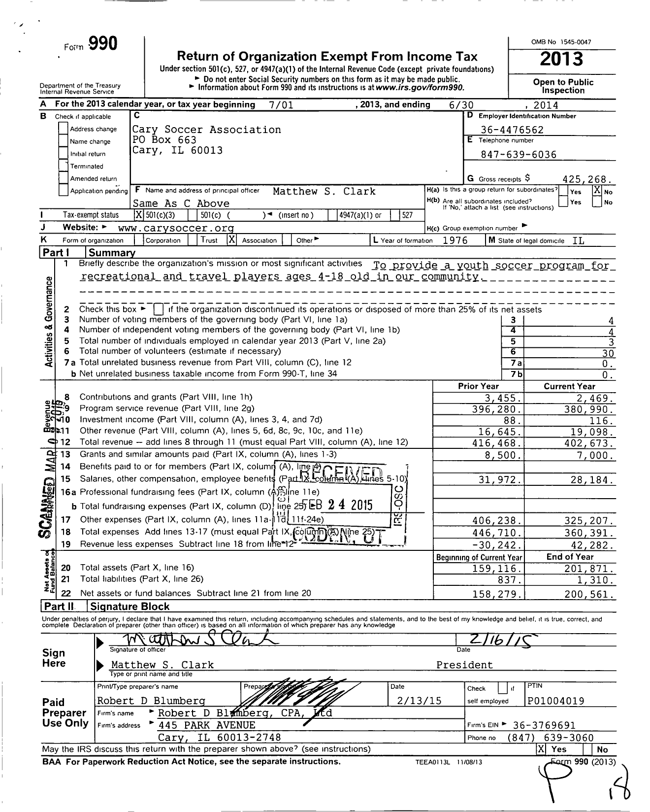 Image of first page of 2013 Form 990 for Cary Soccer Association