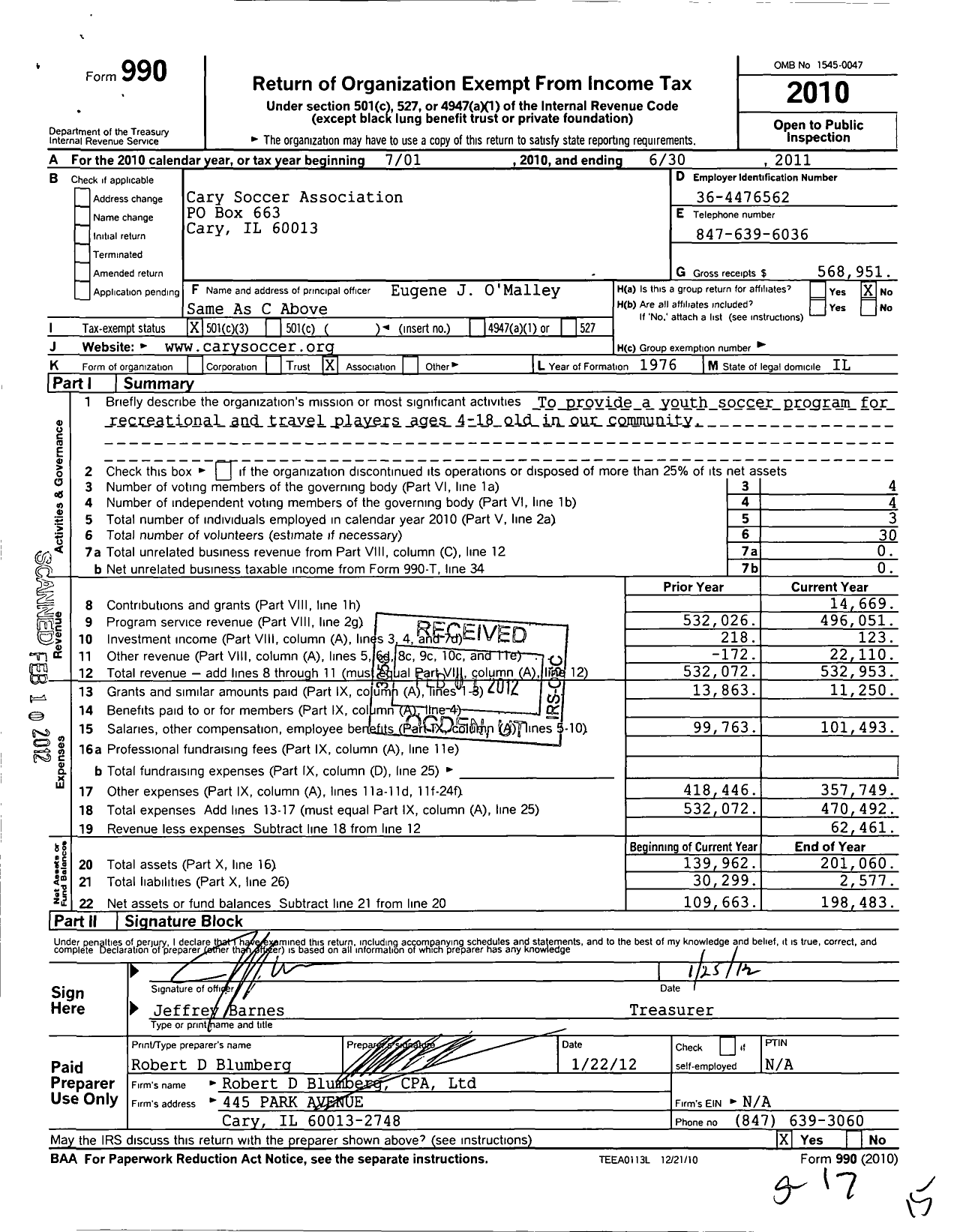 Image of first page of 2010 Form 990 for Cary Soccer Association