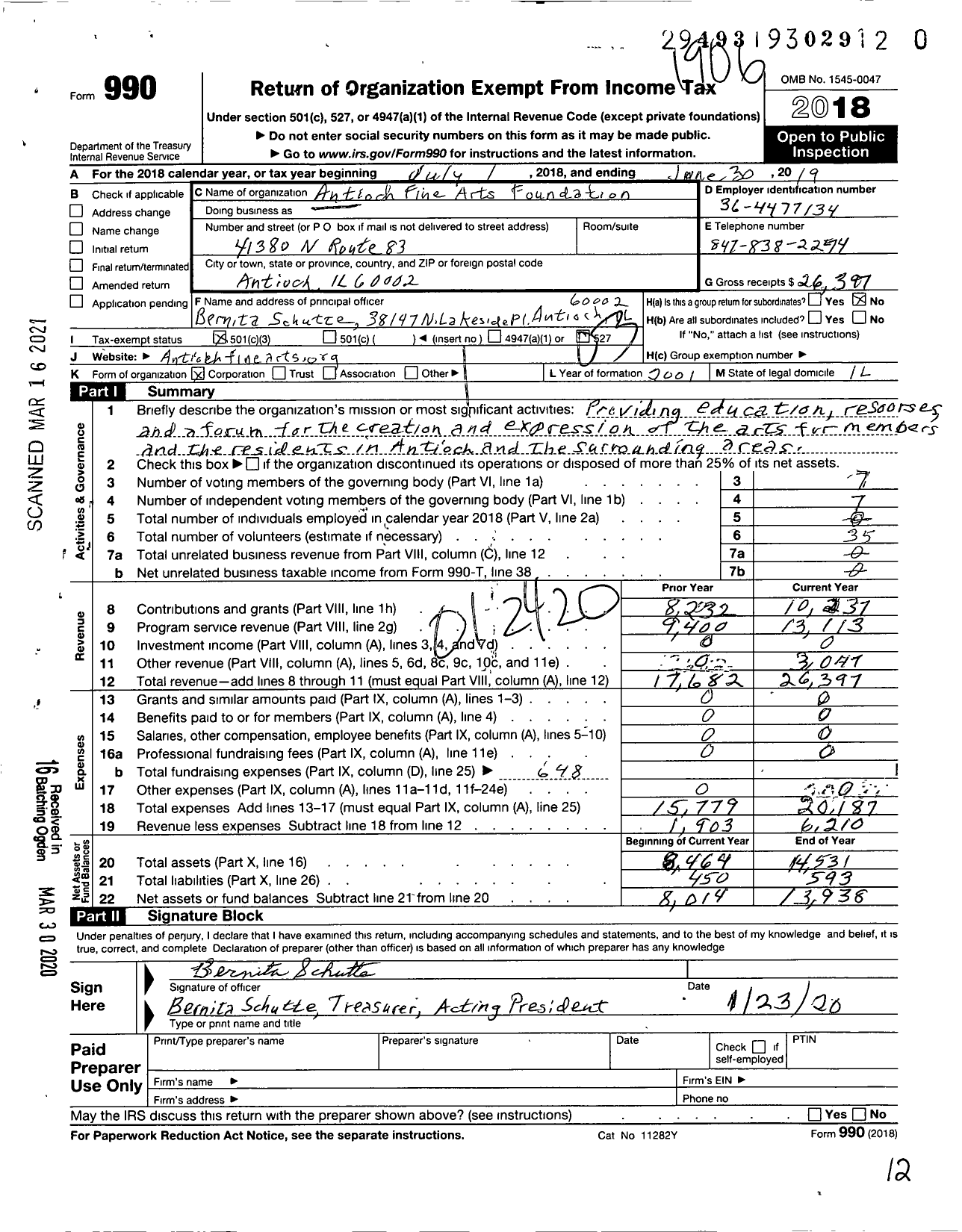 Image of first page of 2018 Form 990 for Antioch Fine Arts Foundation